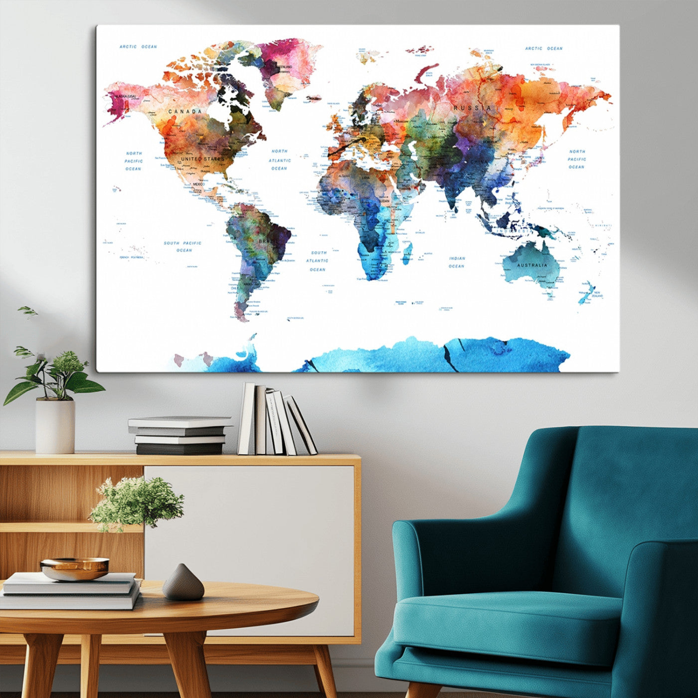 11576-MGV-CV-36X24-Vibrant Watercolor World Map Canvas Wall Art – Framed Push Pin Travel Map for Home and Office Decor, Modern Colorful Wall Artwork