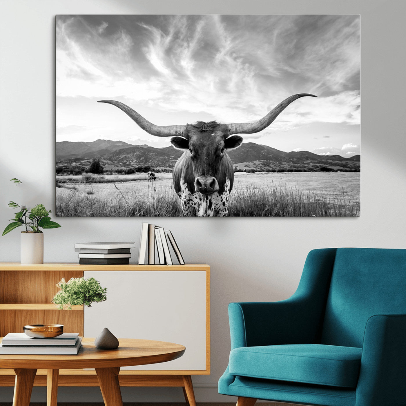79527-MGV-CV-36X24-Longhorn Black and White Wall Art – Rustic Western Bull Canvas Print, Farmhouse Country Decor for Living Room, Office or Ranch, Cowboy Wall Artwork