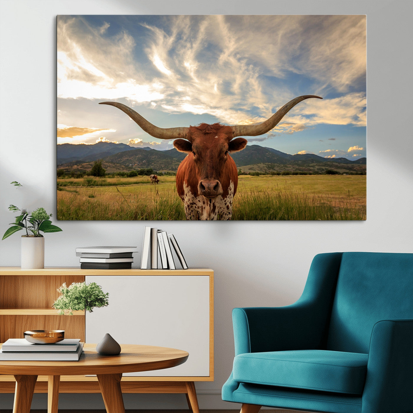 55416-MGV-CV-36X24-Texas Longhorn Canvas Wall Art – Majestic Triptych Animal Print – Rustic Western Decor for Living