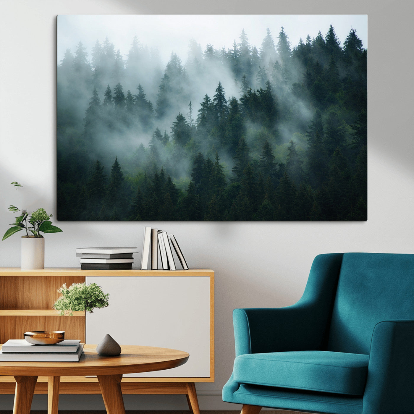 73410-MGV-CV-36X24-Misty Forest Wall Art – Serene Green Landscape Canvas Print, Nature-Inspired Woodland Decor for Living Room or Office