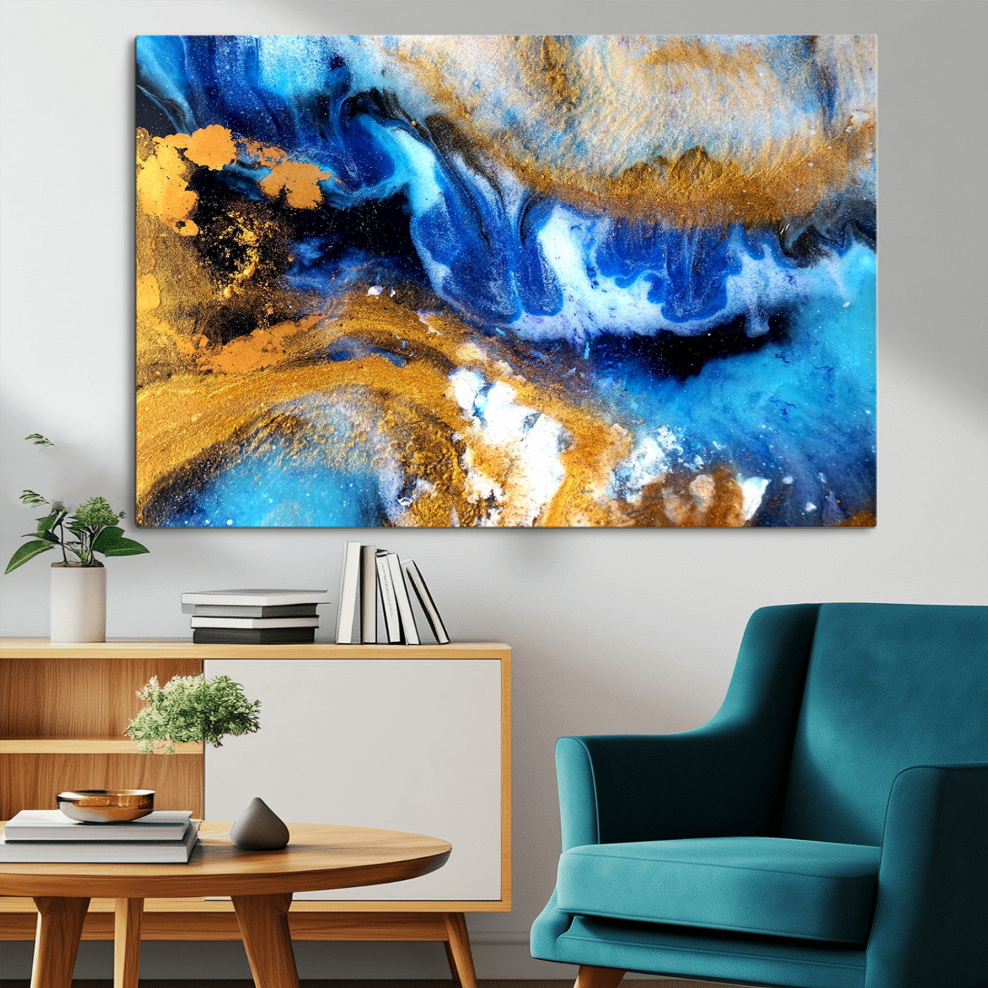 42100-MGV-CV-36X24-Blue Orange Marble Fluid Effect Canvas Wall Art Print