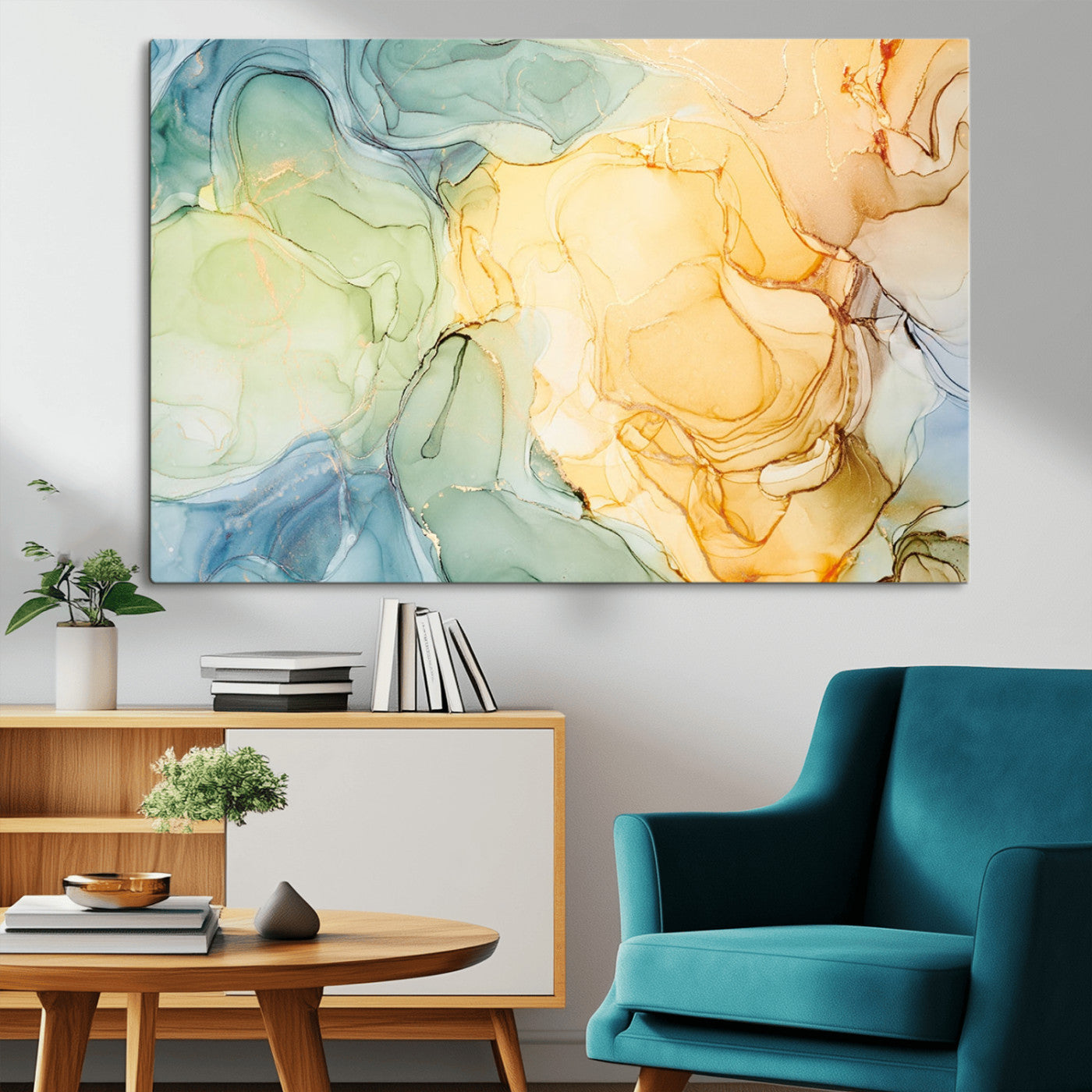 42195-MGV-CV-36X24-Green and Yellow Marble Fluid Effect Wall Art, Green and Yellow Marble Canvas Wall Art Print