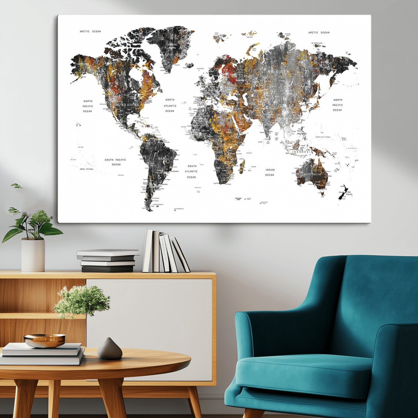 67481-MGV-CV-36X24-Modern Metallic World Map Canvas Wall Art – Framed Contemporary World Map Print, Stylish Travel Inspired Decor for Home and Office Walls