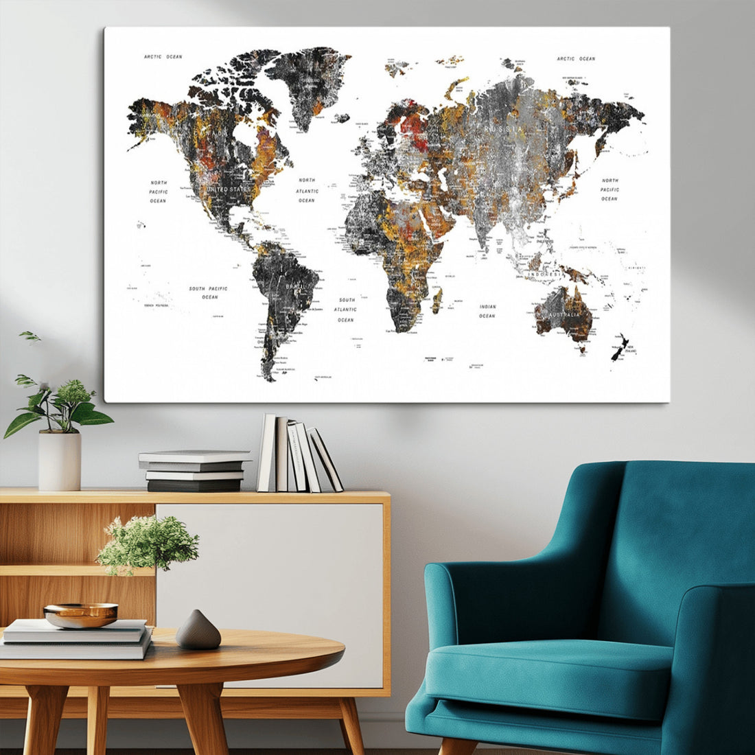 Modern Metallic World Map Canvas Wall Art | Framed Contemporary World Map Print