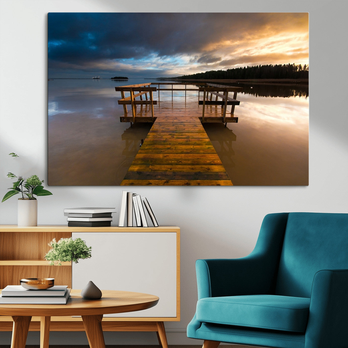 -Serene Lake Pier at Sunset Canvas Print | Landscape Canvas Print | Ready to Hang and Framed Wall Art