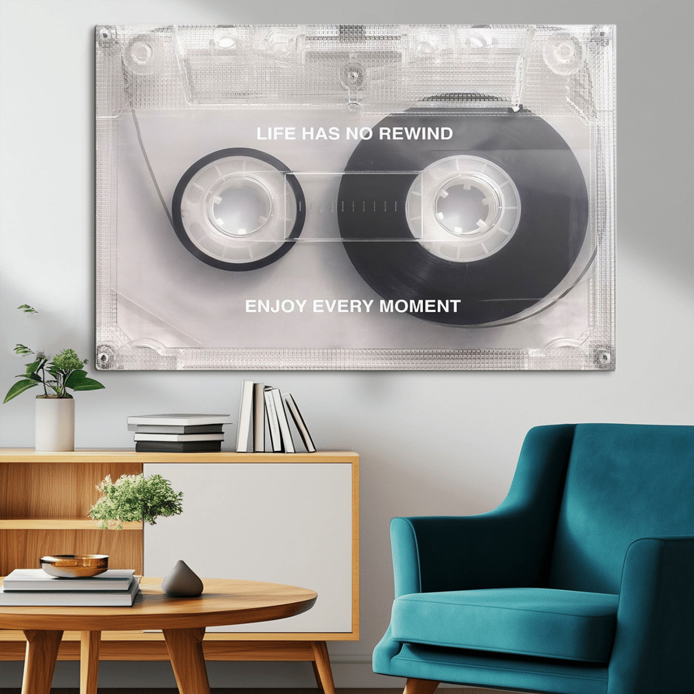 -Vintage Cassette Tape Canvas Wall Art - Inspirational 'Life Has No Rewind' Quote, Retro Music Decor