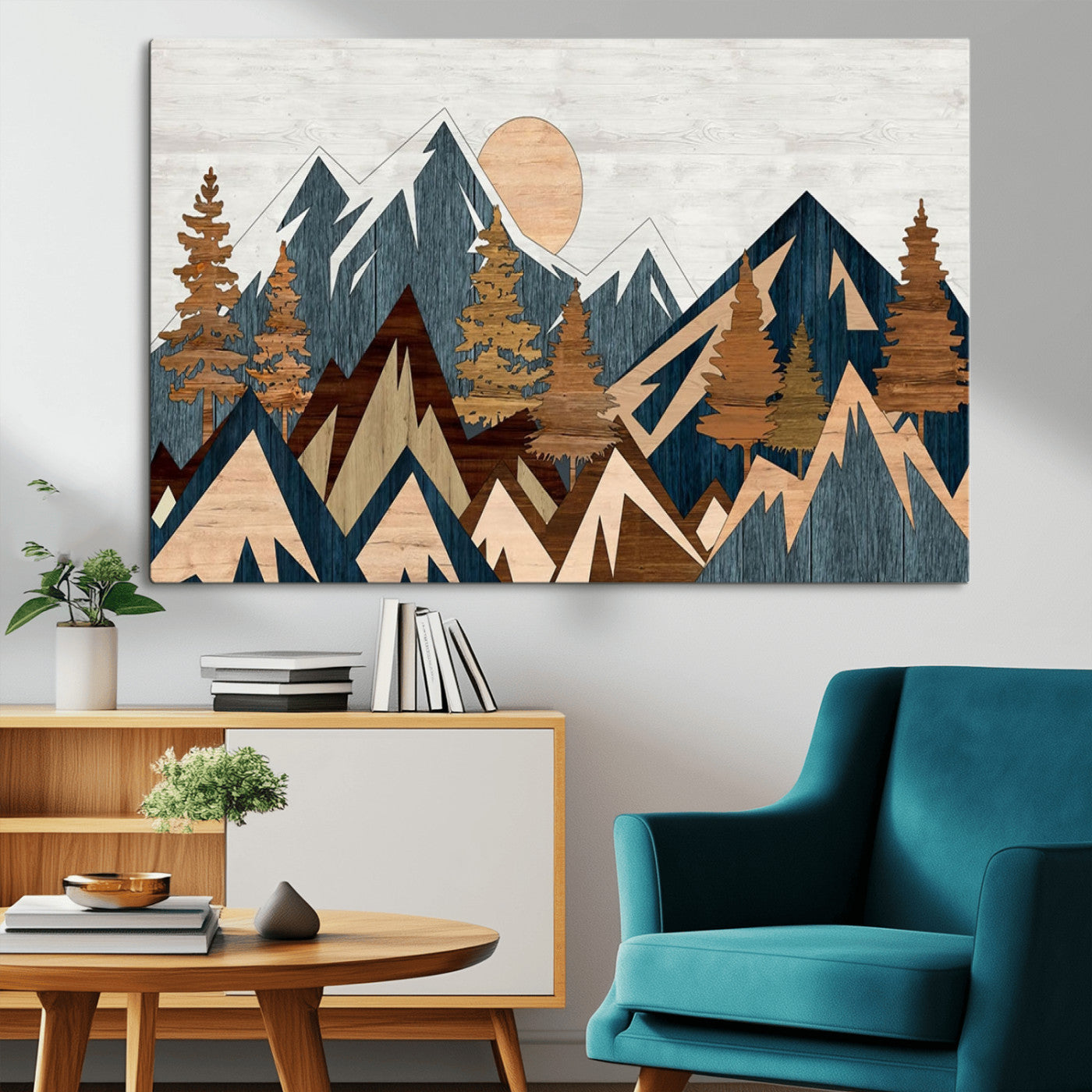91467-MGV-CV-36X24-Abstract Wood Panel Effect Mountain Range Top Wall Art Canvas Print