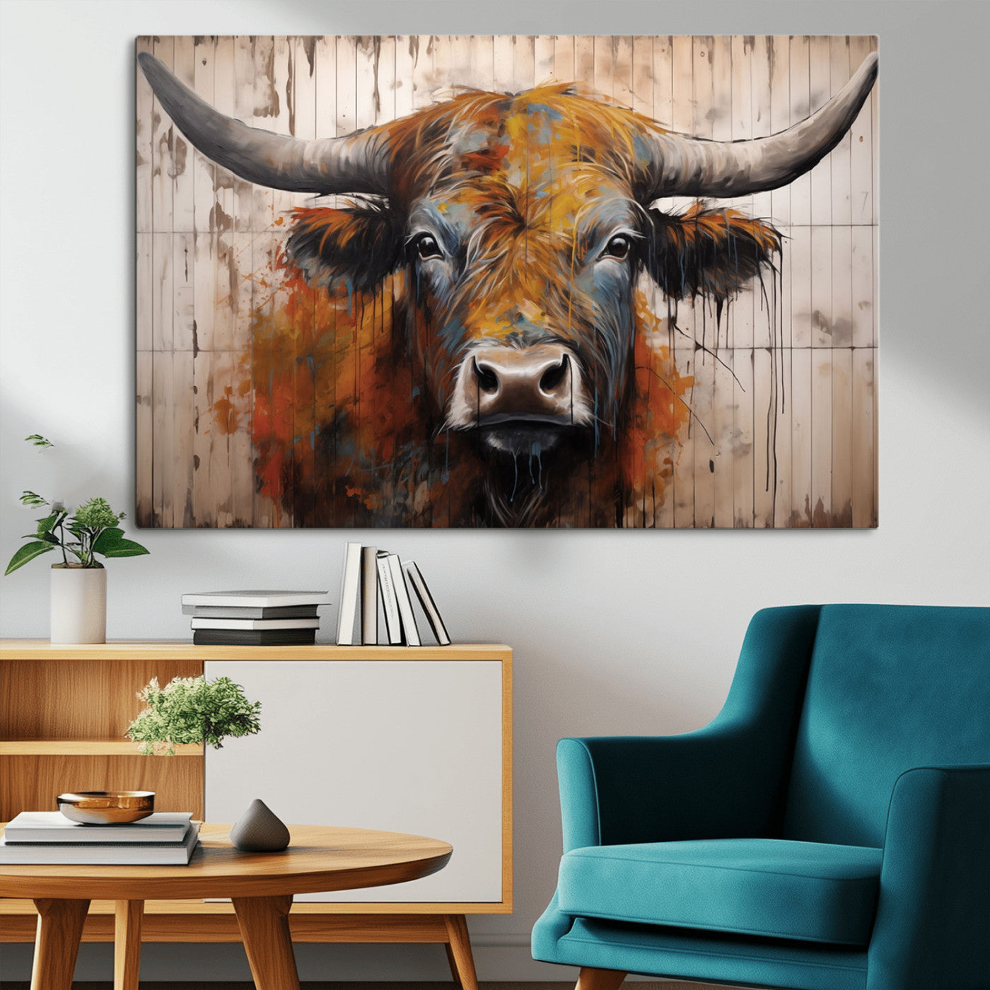 47284-MGV-CV-36X24-Abstract Bull Highland Cow Canvas Wall Art Print – Vibrant Rustic Charm in Modern Farmhouse Decor –
