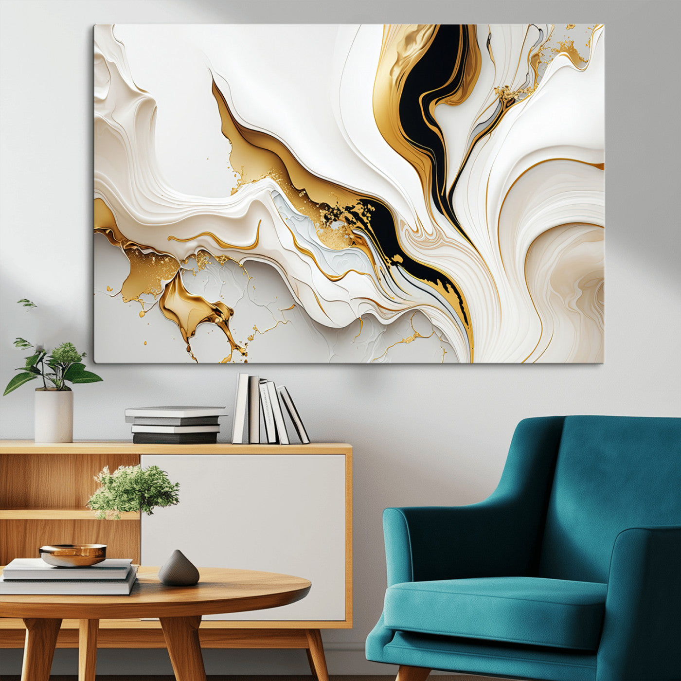 98637-MGV-CV-36X24-Gold Waves on Pure White Canvas – Gold Abstract Art for Modern Interiors | Wall Art Canvas, Framed &