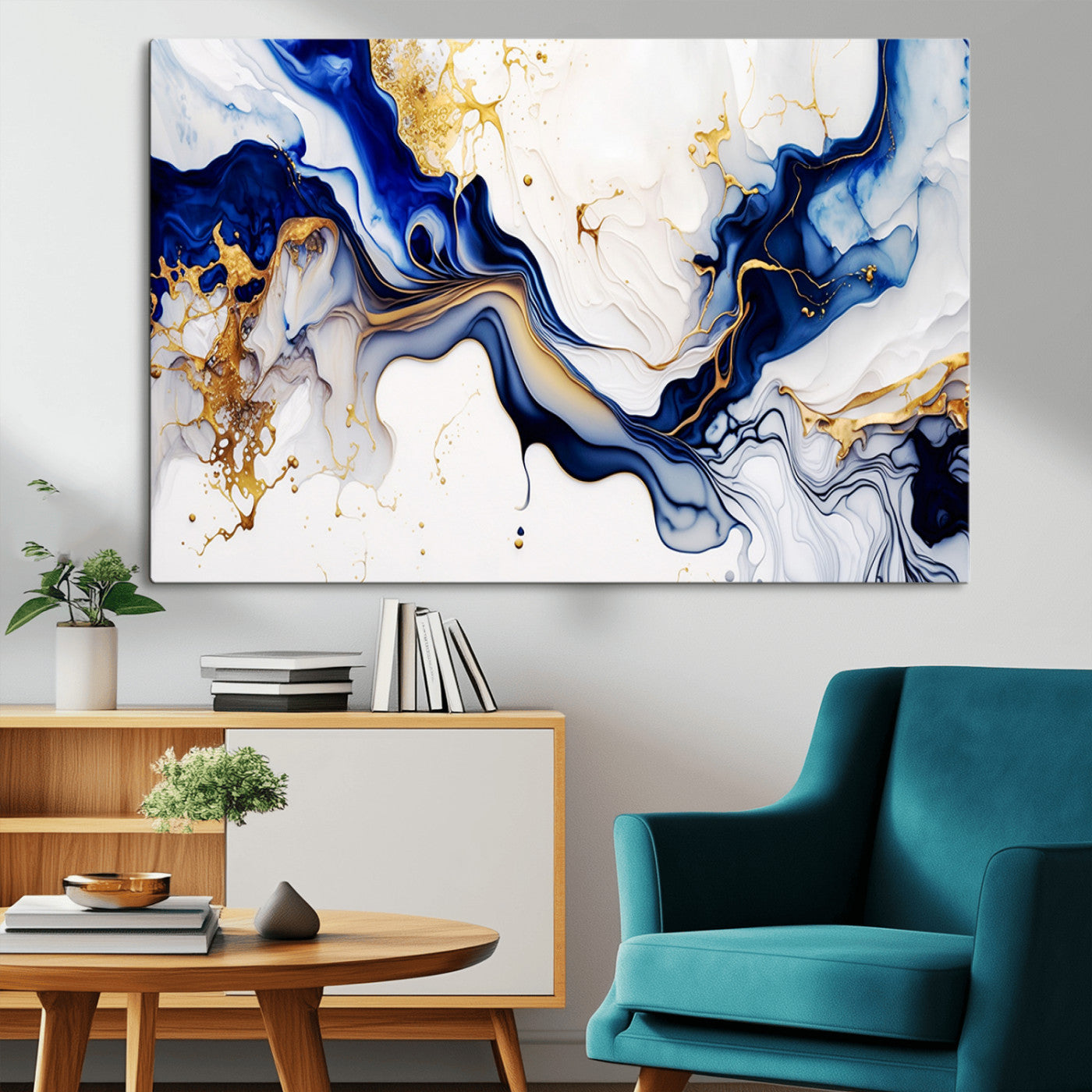93392-MGV-CV-36X24-Golden Cascades on Midnight Blue – Deep Blue Abstract Wall Art Flowing Elegance | Wall Art Canvas,