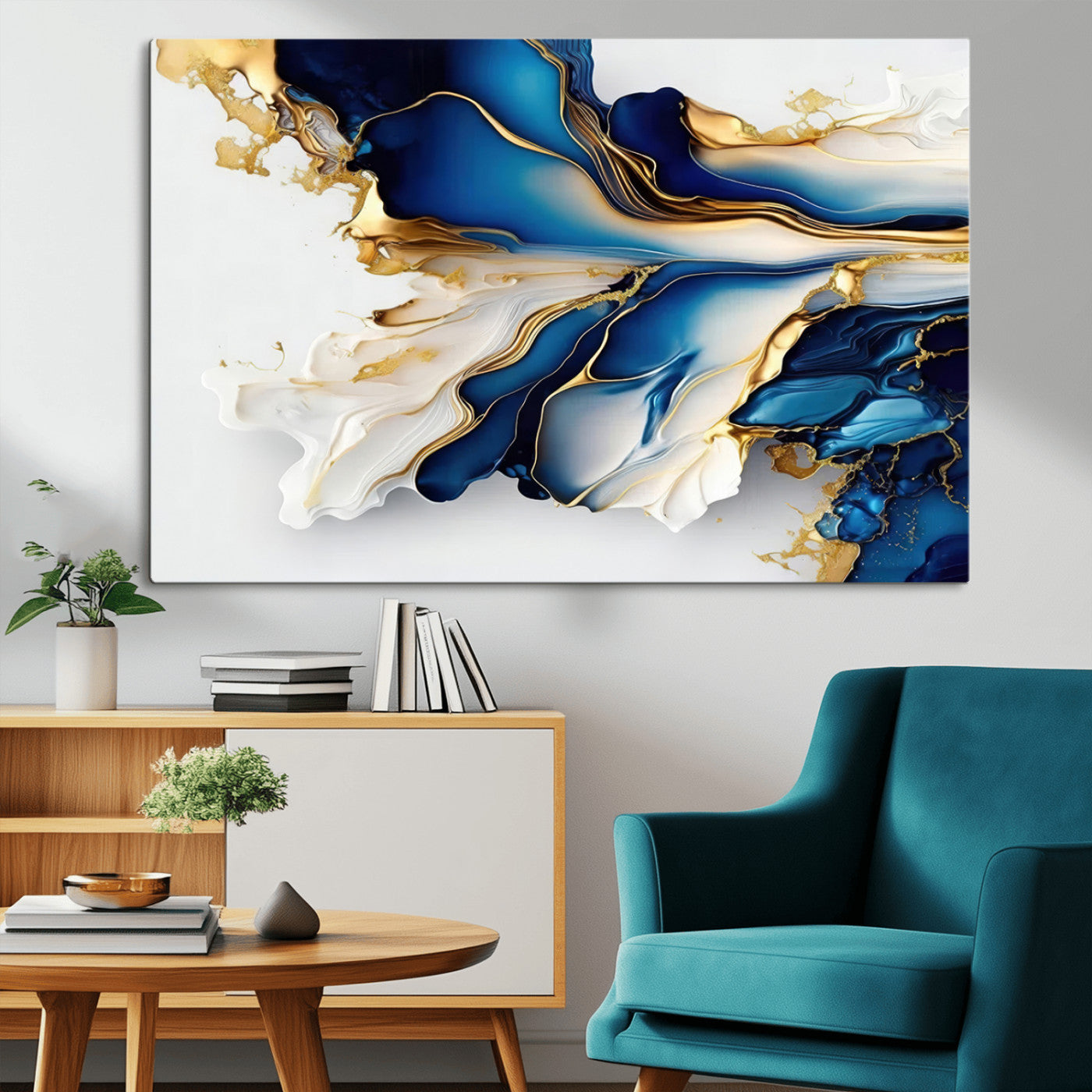 65693-MGV-CV-36X24-Gold Marble Art - Abstract Geode Gold And Blue Marble Shape 3 Pieces Wall Art Canvas Print