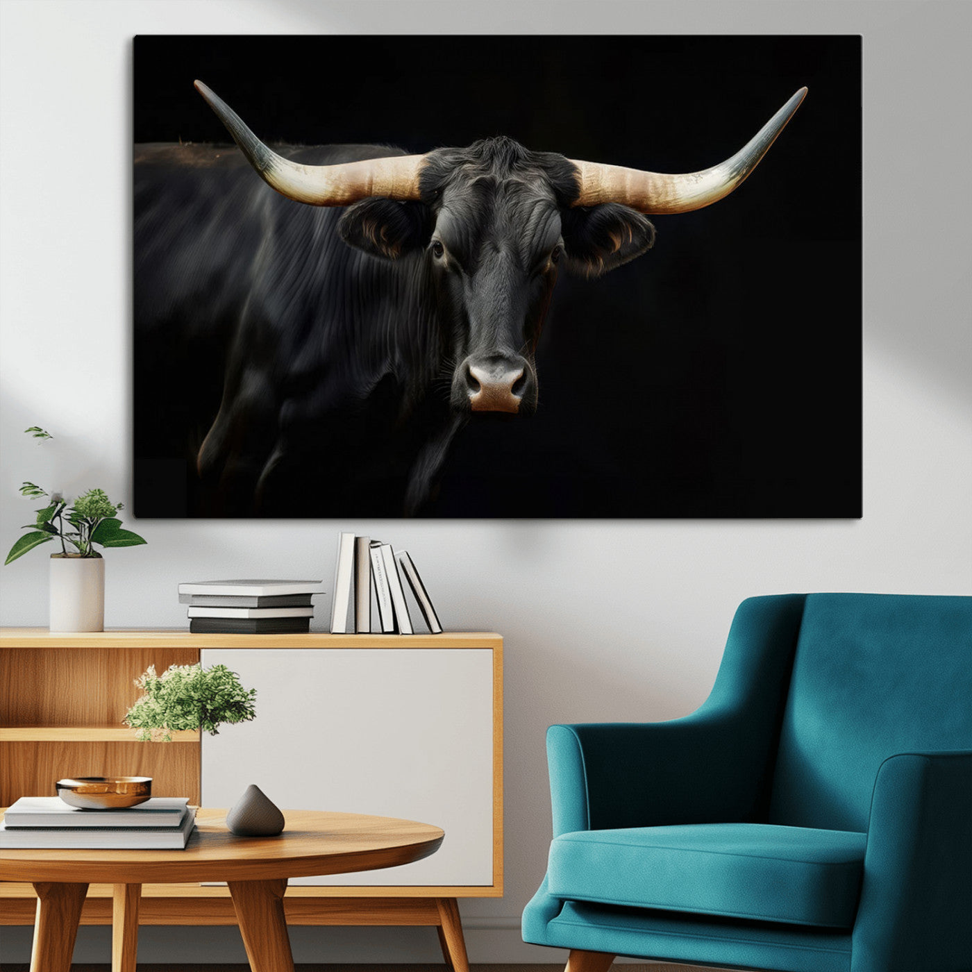 -Black Bull Wall Art – Majestic Longhorn Canvas Print with Dark Background, Rustic Western Farmhouse Decor for Living Room or Office