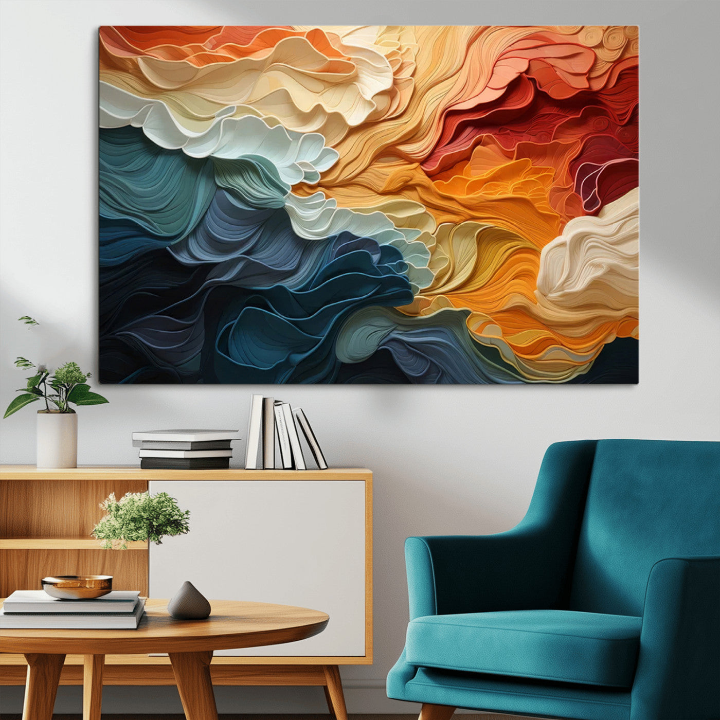31634-MGV-CV-36X24-Blue Orange Abstract Wave Wall Art Canvas Print, Framed Blue Orange Wave Wall Art