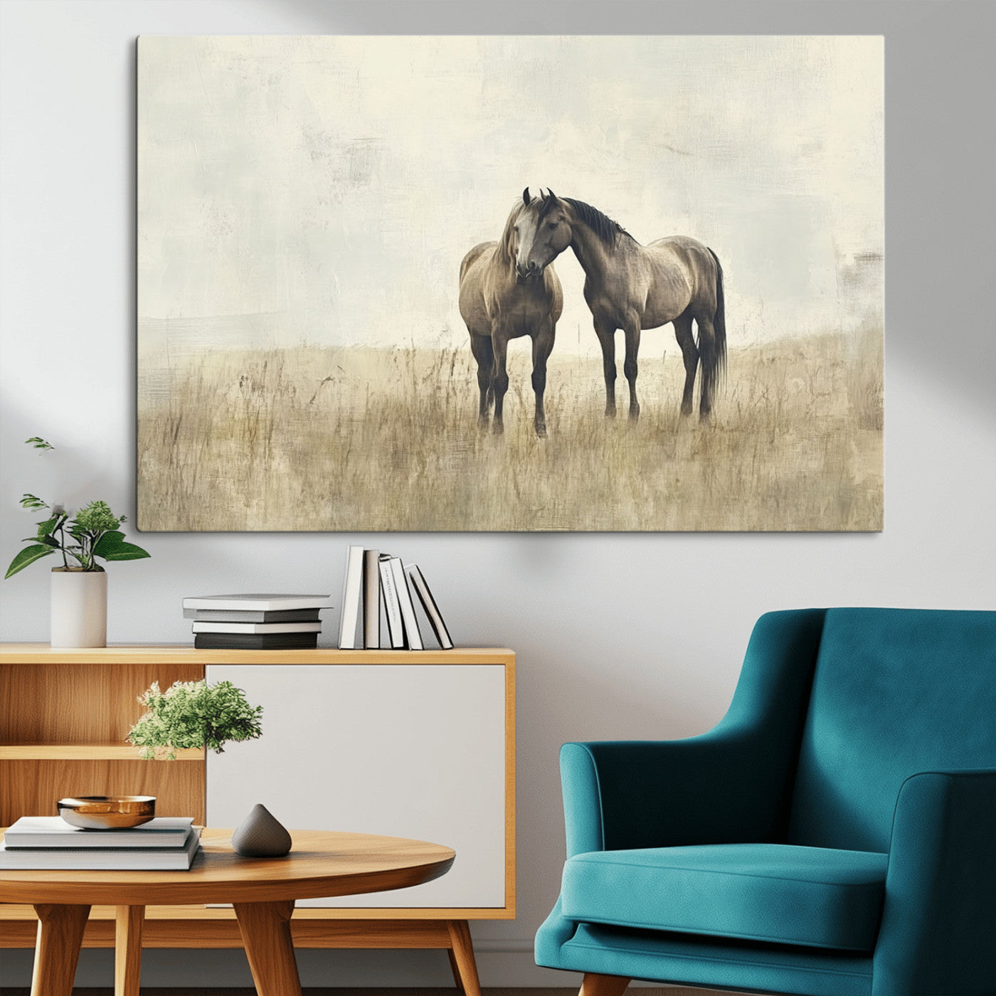 -Chines Style Grunge Horses Wall Art Canvas Print