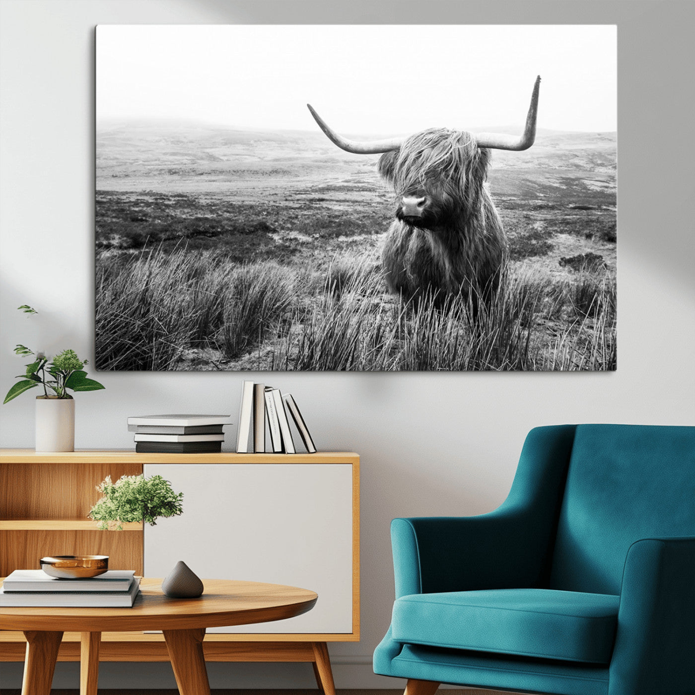 80826-MGV-CV-36X24-Scottish Highland Cow Wall Art | Black and White Canvas Print | Ready to Hang and Framed | Rustic