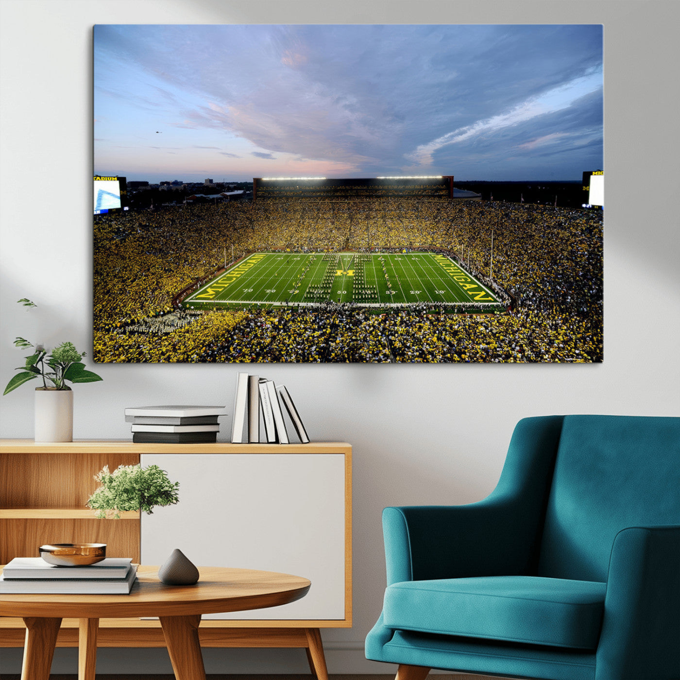82641-MGV-CV-36X24-Michigan Stadium Wall Art Canvas Print – Framed Football Field Scene with Marching Band Artwork for Home, Office