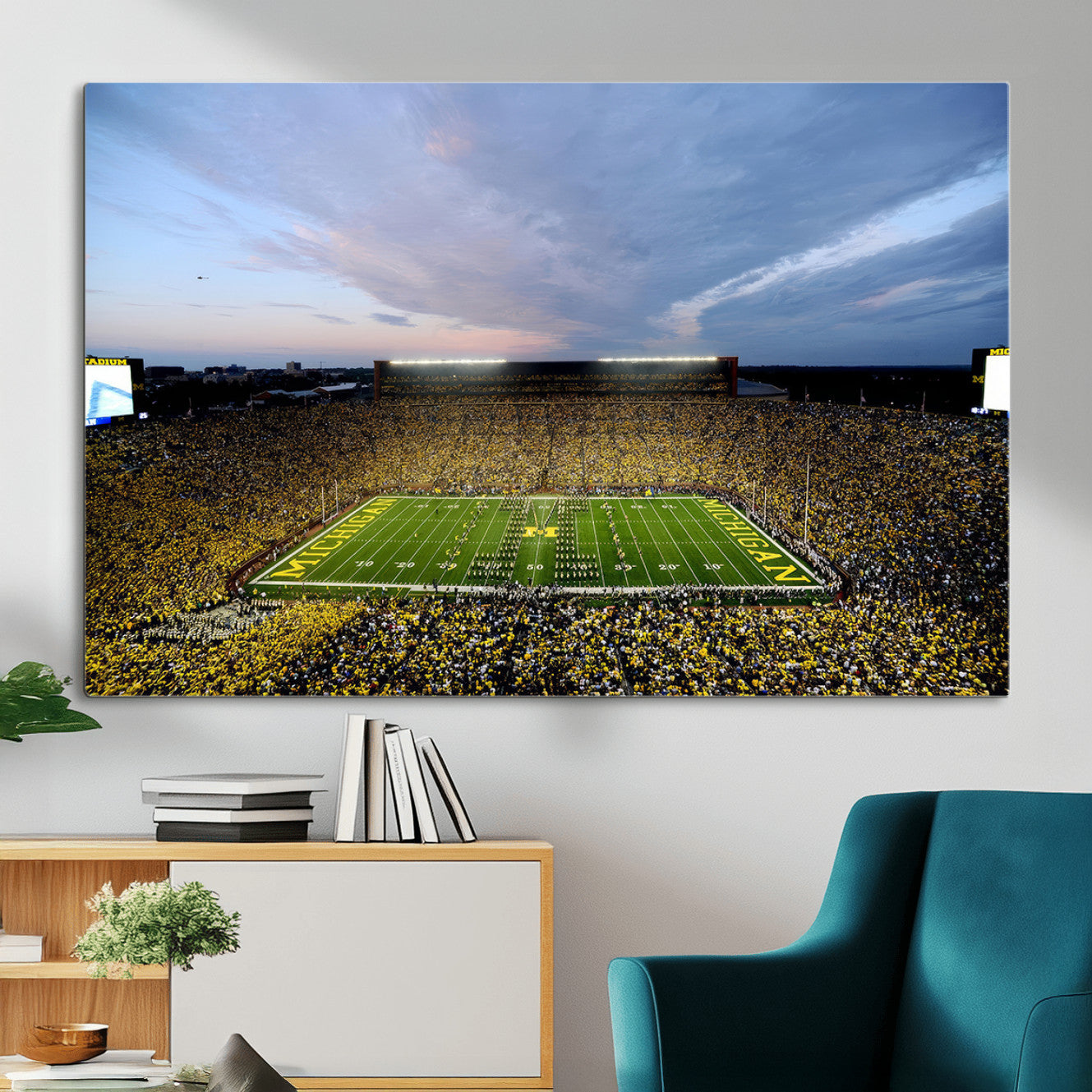 82641-MGV-CV-36X24 - Michigan Stadium Wall Art Canvas Print, Vibrant Game Day Crowd and Sunset Sky Football Field Artwork for Home, Office