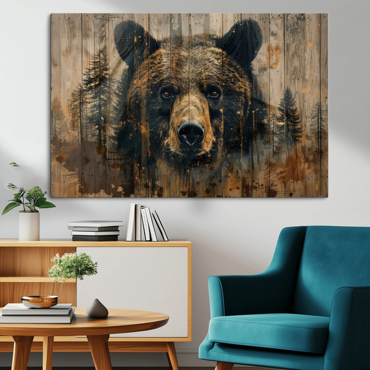 51373-MGV-CV-36X24-Abstract 399 Bear Wall Art | Rustic Cabin Wall Decor with Forest Design | Framed and Ready to Hang |
