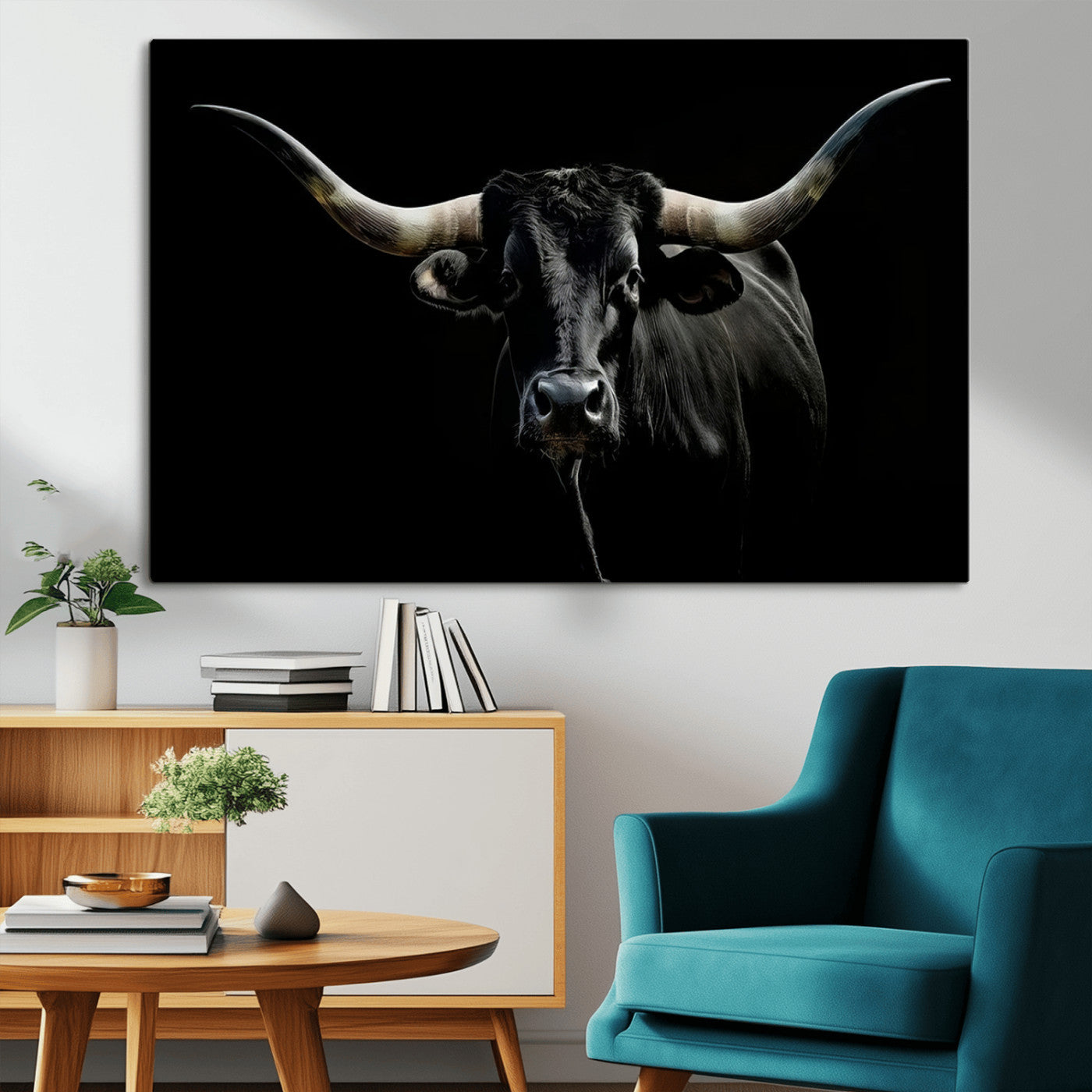 20679-MGV-CV-36X24-Texas Black Longhorn Bull Wall Art Canvas Print - Western Texas Cattle Rustic Decor Print - Longhorn