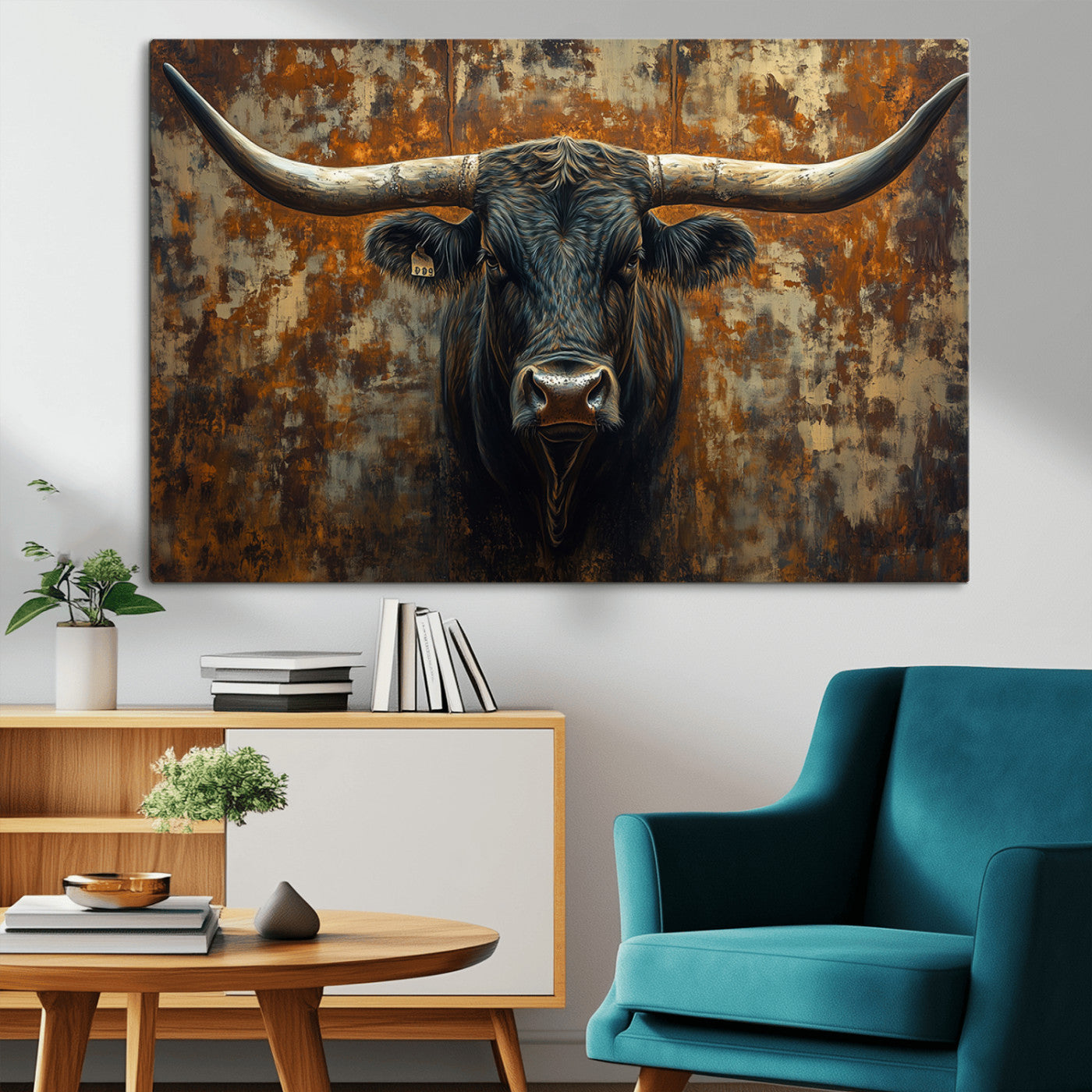 68068-MGV-CV-36X24-Longhorn Texas Cow Bull Wall Art | Rustic Farmhouse Canvas Print | Ready to Hang Barn Decor for