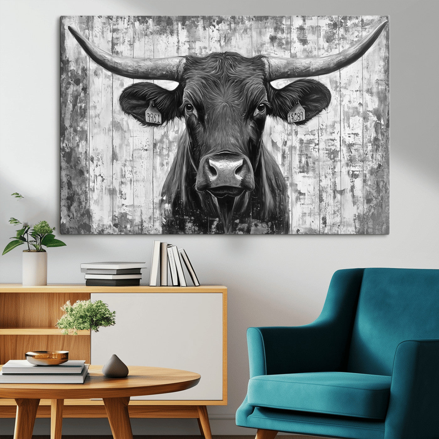 45514-MGV-CV-36X24-Abstract Longhorn Bull Wall Art Canvas Print - Rustic Texas Western Cow Artwork