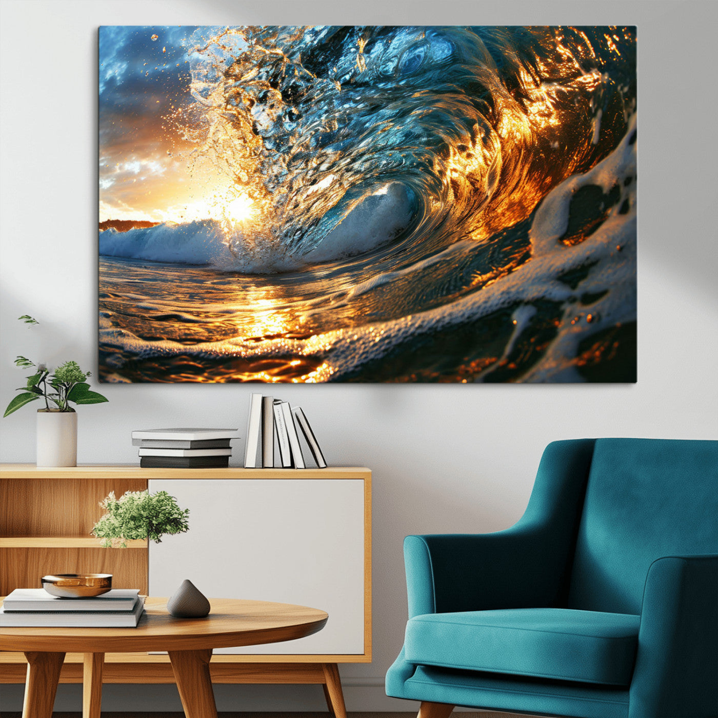 41370-MGV-CV-36X24-Ocean Wave at Sunset Canvas Wall Art – Vibrant Coastal Beach Waves Print, Large Nautical Decor,