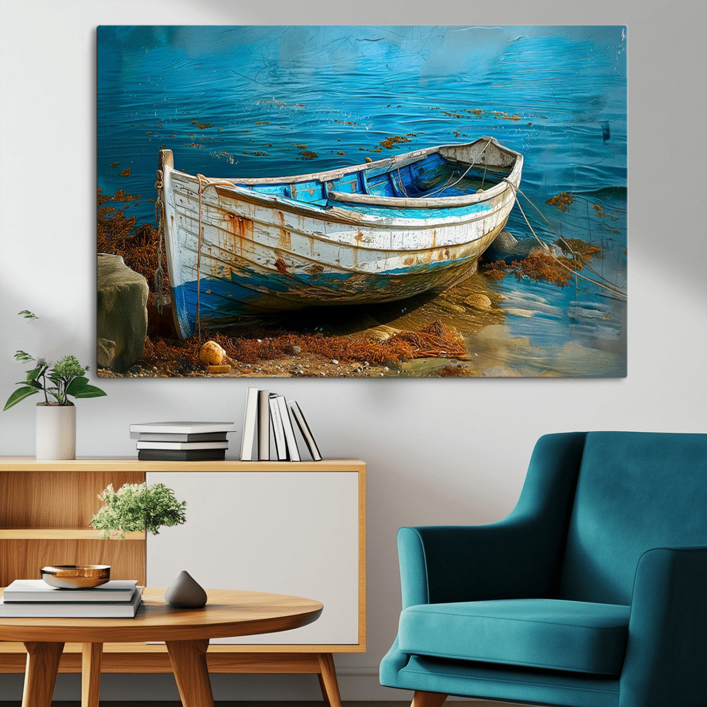 54716-MGV-CV-36X24-Vintage Boat on Tranquil Waters | Coastal Wall Art for Nautical Decor | Rustic Triptych Canvas Print