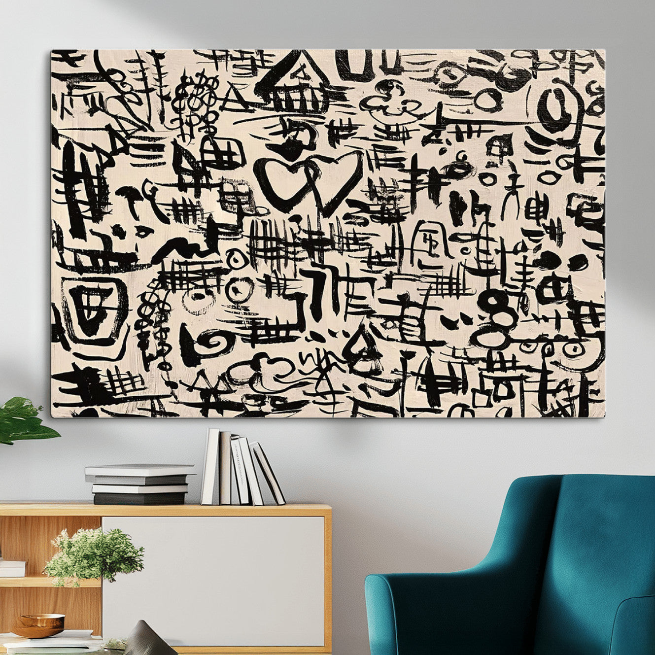 68273-MGV-CV-36X24 - Abstract Love and Chaos Canvas Print, Black Symbols on Beige