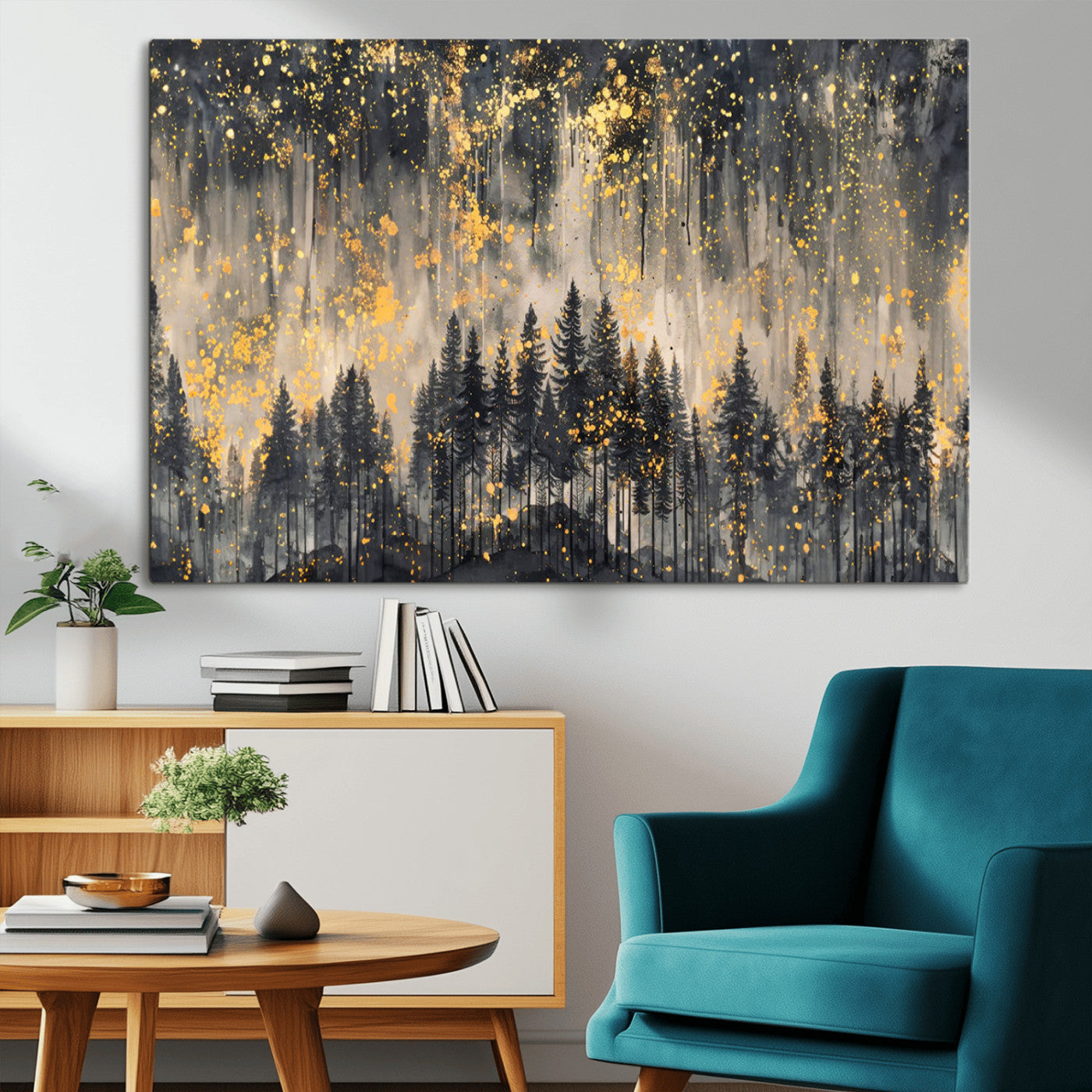 46049-MGV-CV-36X24-Golden Forest Abstract Wall Art | Dark Forest with Gold Splatter Accents | Triptych Ready to Hang