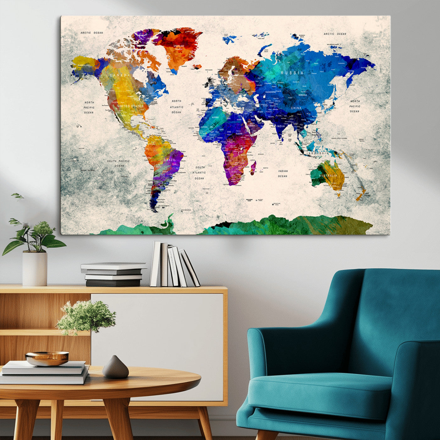67752-MGV-CV-36X24-Push Pin World Map Canvas Print – Framed Travel Map Wall Art for Couples, Anniversary Gift, Modern Home or Office Decor