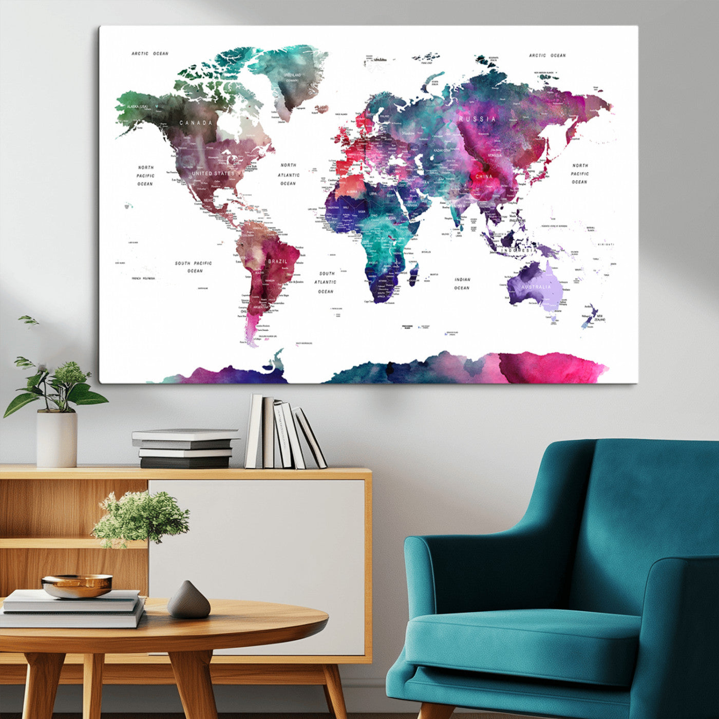 78176-MGV-CV-36X24-Colorful Watercolor World Map Canvas Wall Art – Framed Modern Map Print, Vibrant Travel Inspired Artwork for Home and Office Decor
