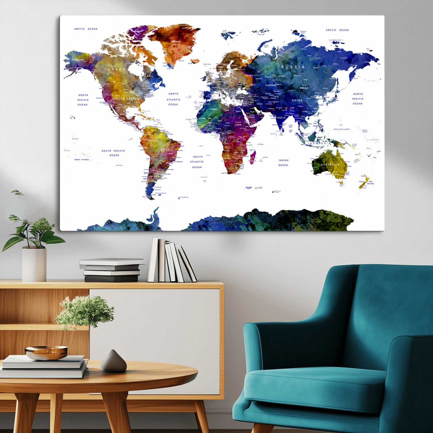 90446-MGV-CV-36X24-Colorful Watercolor World Map Canvas Wall Art – Framed Modern Push Pin Travel Map for Home and Office Decor