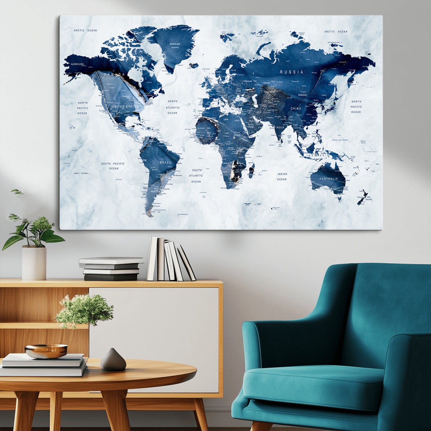 88266-MGV-CV-36X24-Modern Blue Marble World Map Canvas Print – Framed Push Pin Wall Art, Elegant Travel Map Artwork for Home Office or Living Room Decor
