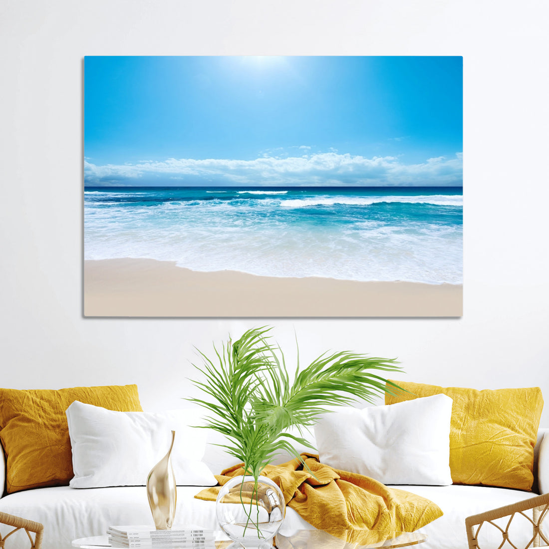 Wall Art Canvas Print Shiny Blue Sea and Beach