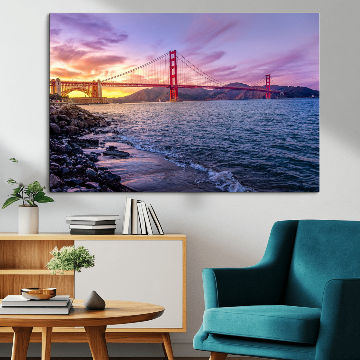 -Golden Gate Bridge Wall Art Canvas Print – Framed San Francisco Sunset Scene with Cityscape Artwork for Home, Office
