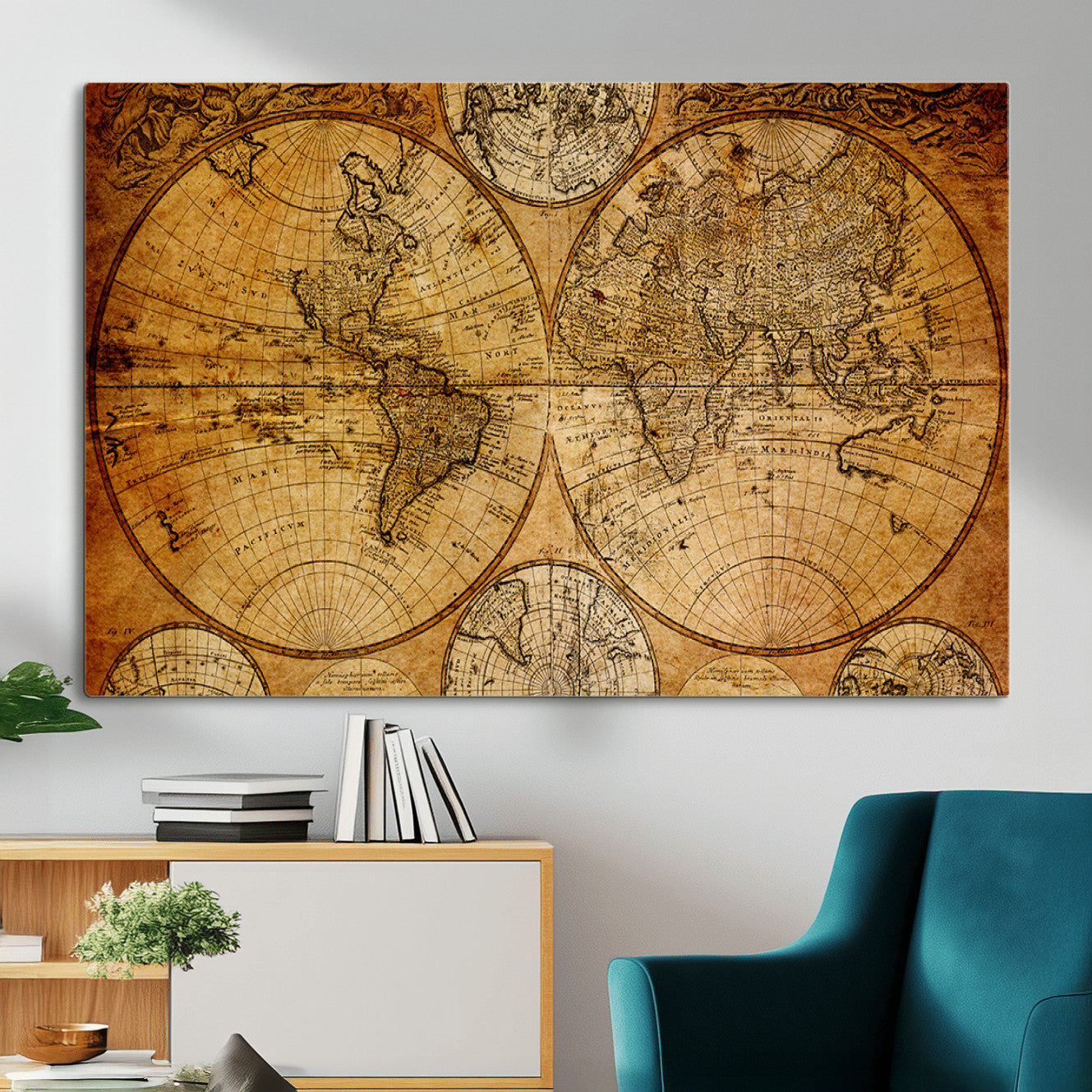 25517-MGV-CV-36X24 - Vintage World Map Canvas Print – Antique Push Pin Travel Map, Framed Wall Art for Home or Office Decor