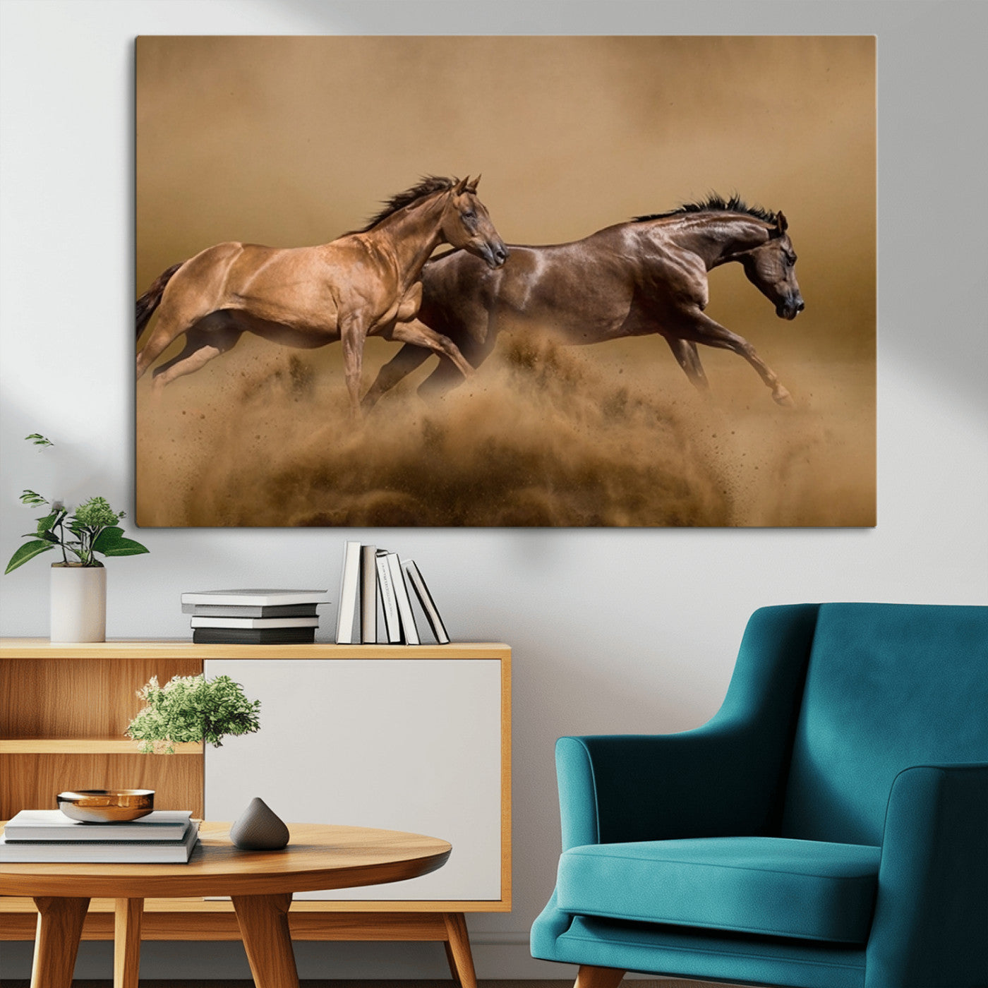 53721-MGV-CV-36X24-Large Wall Art Canvas Print – Two Running Brown Horses Motion Animal Artwork for Home, Office, Living Room Decor