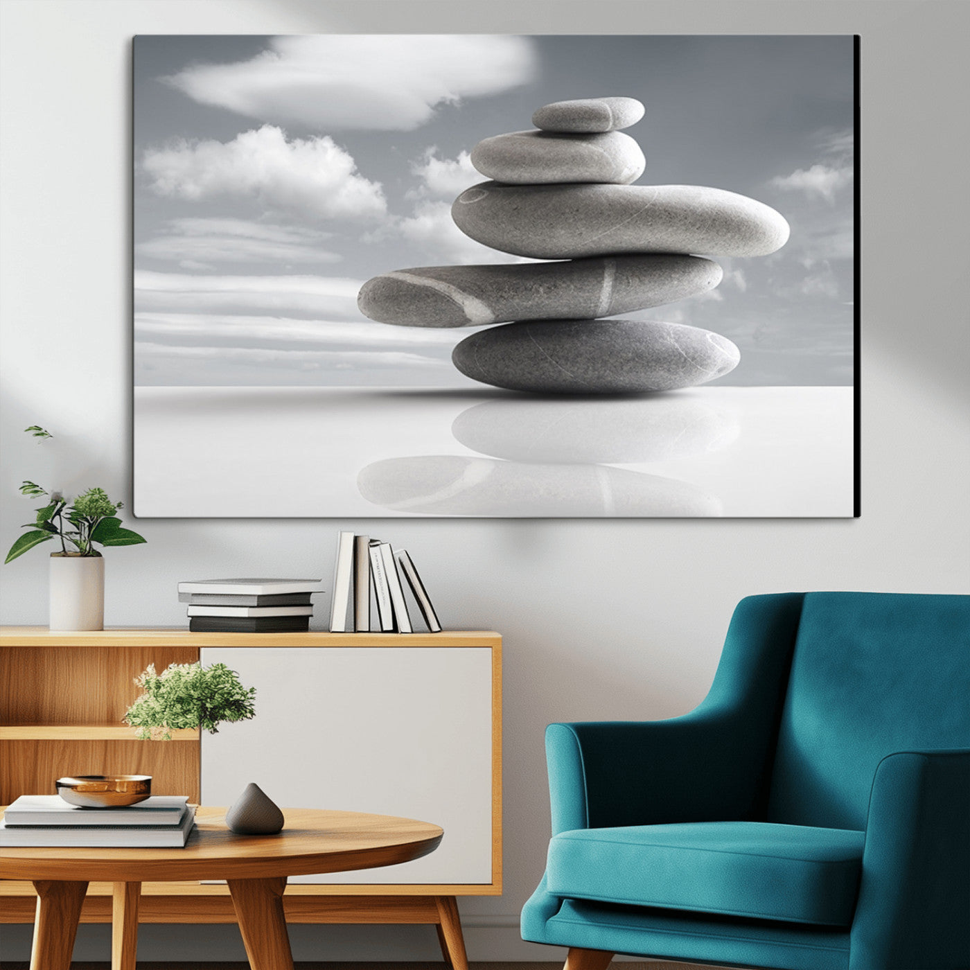 -Still Life Black and White Zen Stones Wall Art Canvas, Framed Black and White Zen Stones Canvas