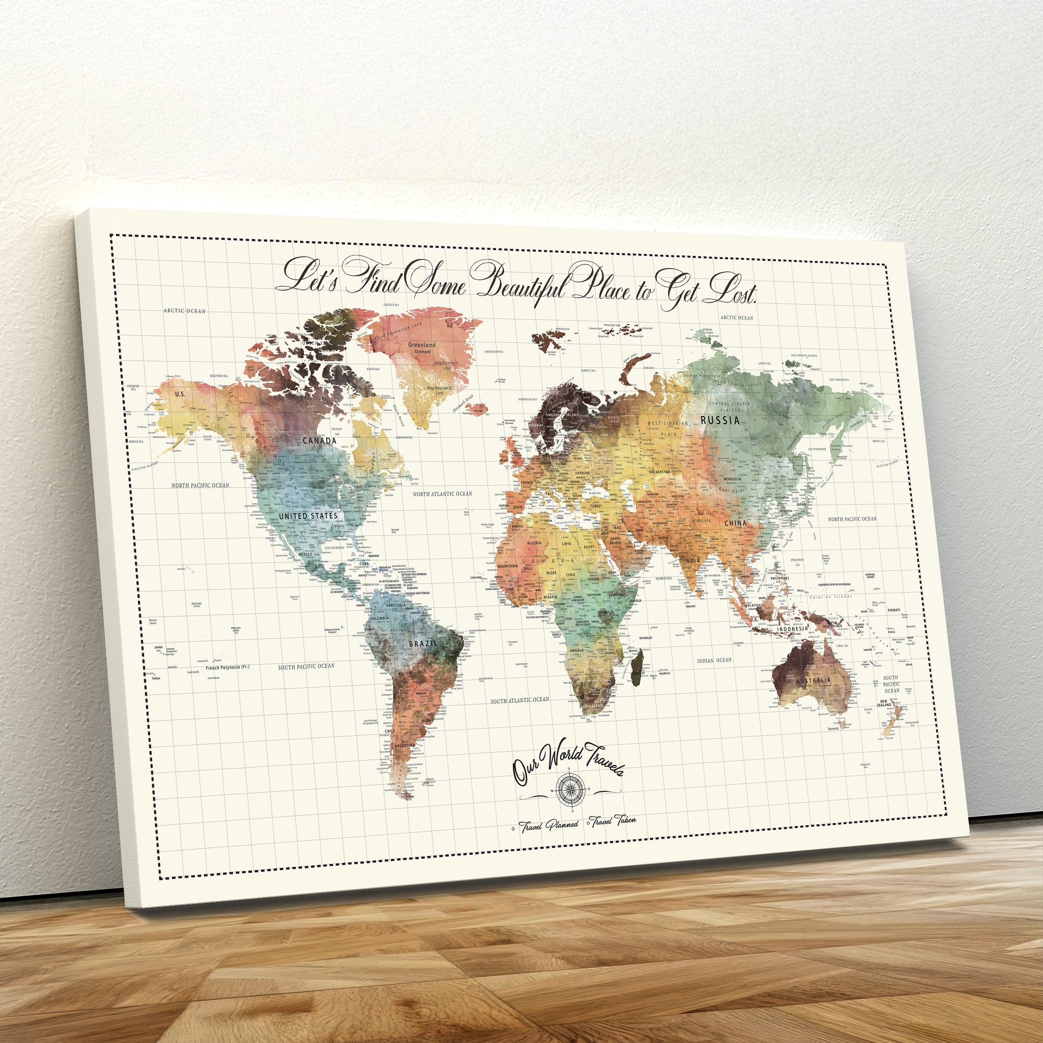 Rehber01-MGV-CV-36X24-Custom Framed World Map Canvas Print Personalized Push Pin Travel Tracker Gift for Couples for Home, Office