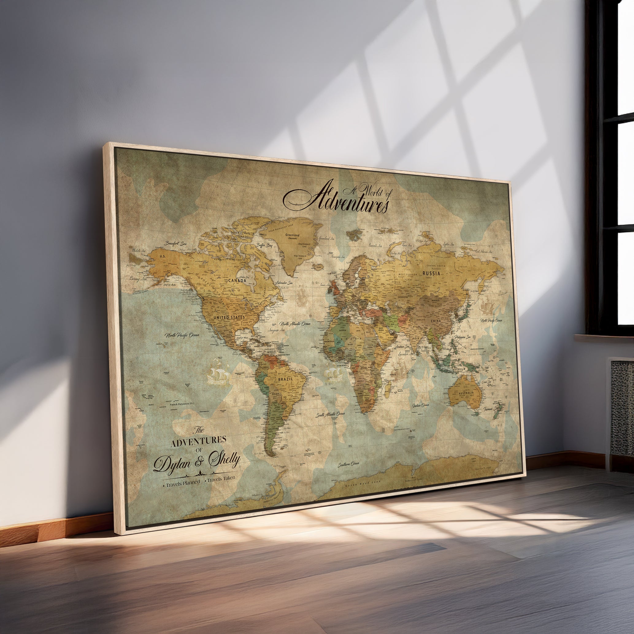 Rehber01-MGV-CV-36X24-Personalized World Map Canvas – Custom Framed Push Pin Travel Map Wall Art, Vintage Style Gift for Couples or Families