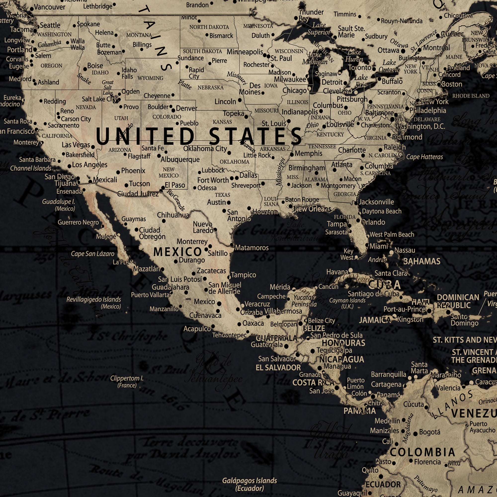 31416046-MGV-CV-36X24-Framed Custom World Map Canvas Print – Custom Push Pin Travel Map Vintage Neutral Style Gift for Couples Travelers for Home Office