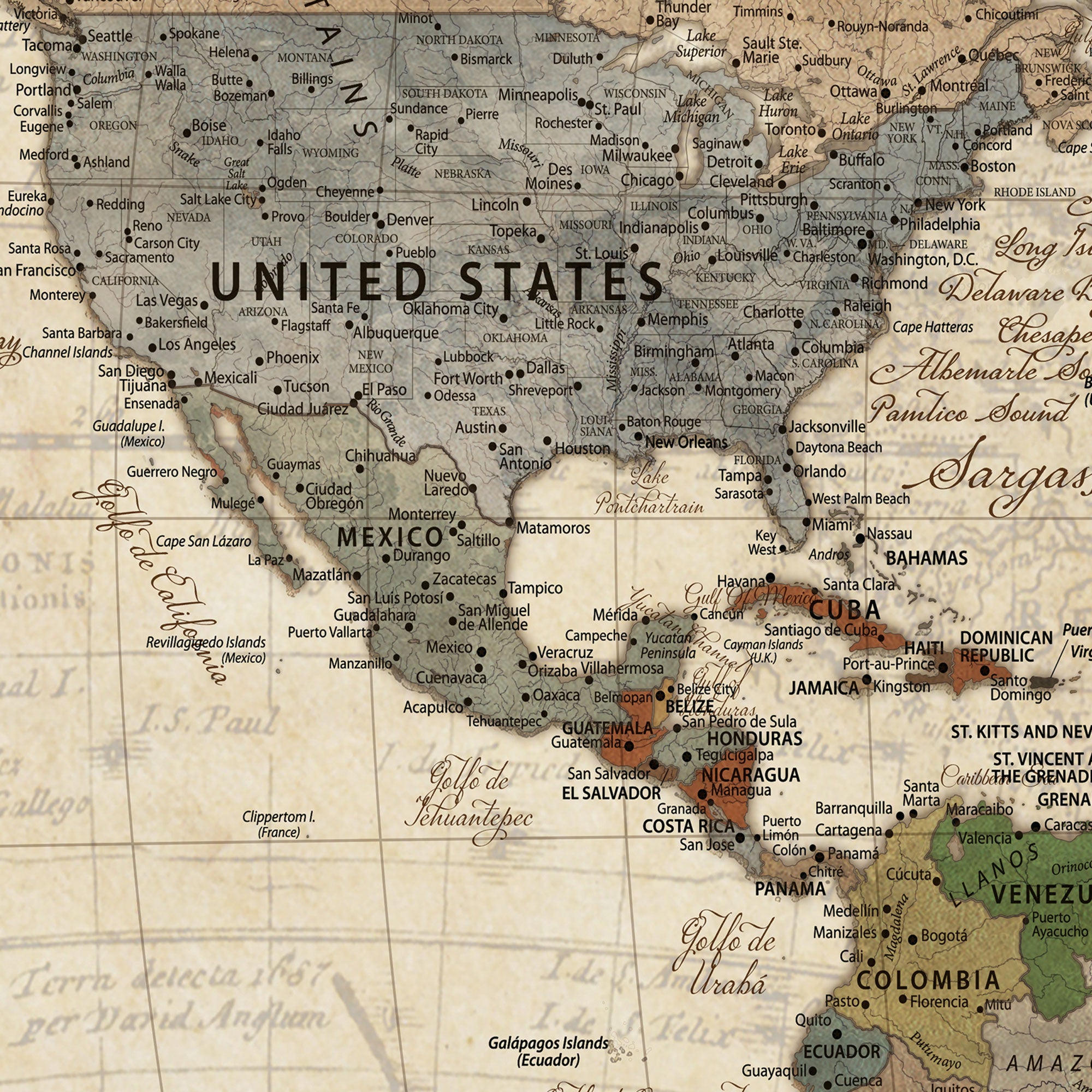 18308111-MGV-CV-36X24-Custom Framed Push Pin Map Wall Art Canvas Print, Rustic Vintage Gift for Couples and Travel Lovers