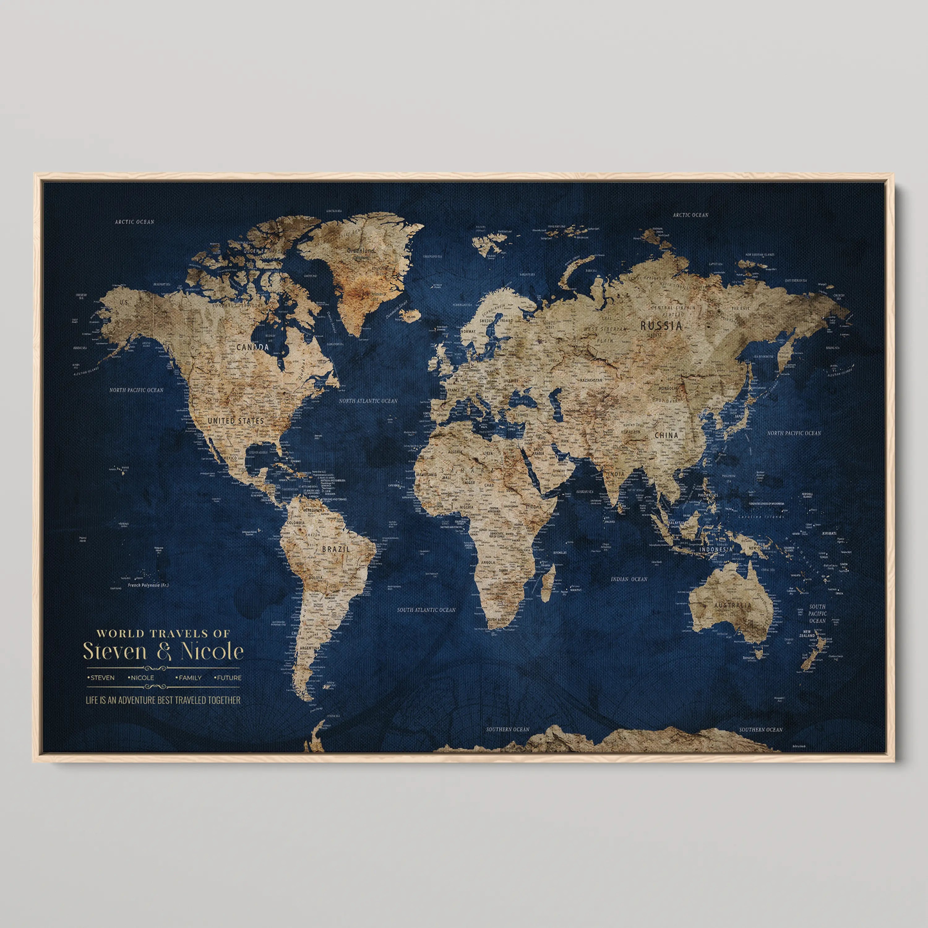 -Personalized Push Pin World Map Canvas – Custom Framed Travel Tracker Wall Art, Large Adventure Map with Pins for Home, Office