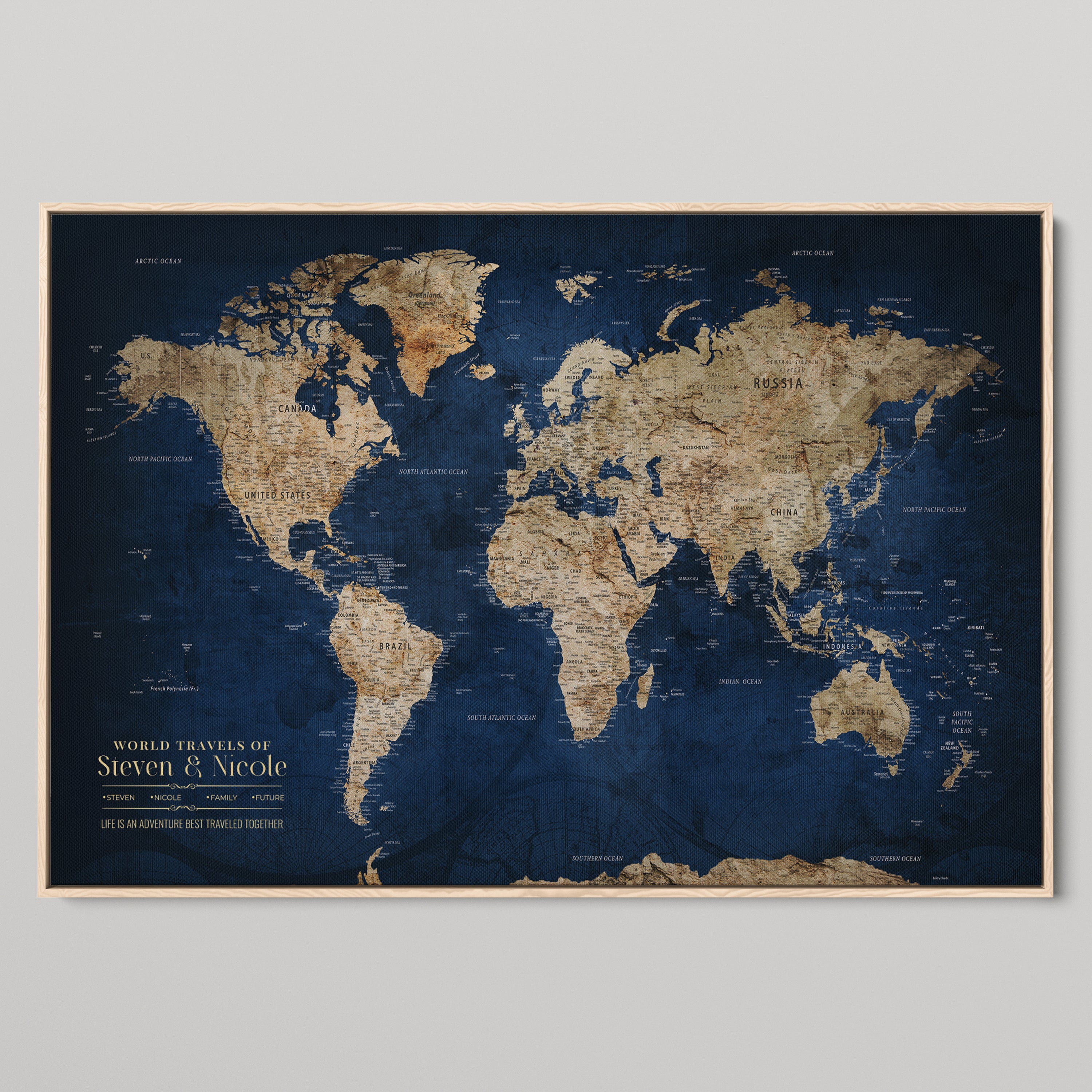 -Personalized Push Pin World Map Canvas Print Custom Travel Tracker Map Framed Wall Art Gift for Couples Family for Home, Office