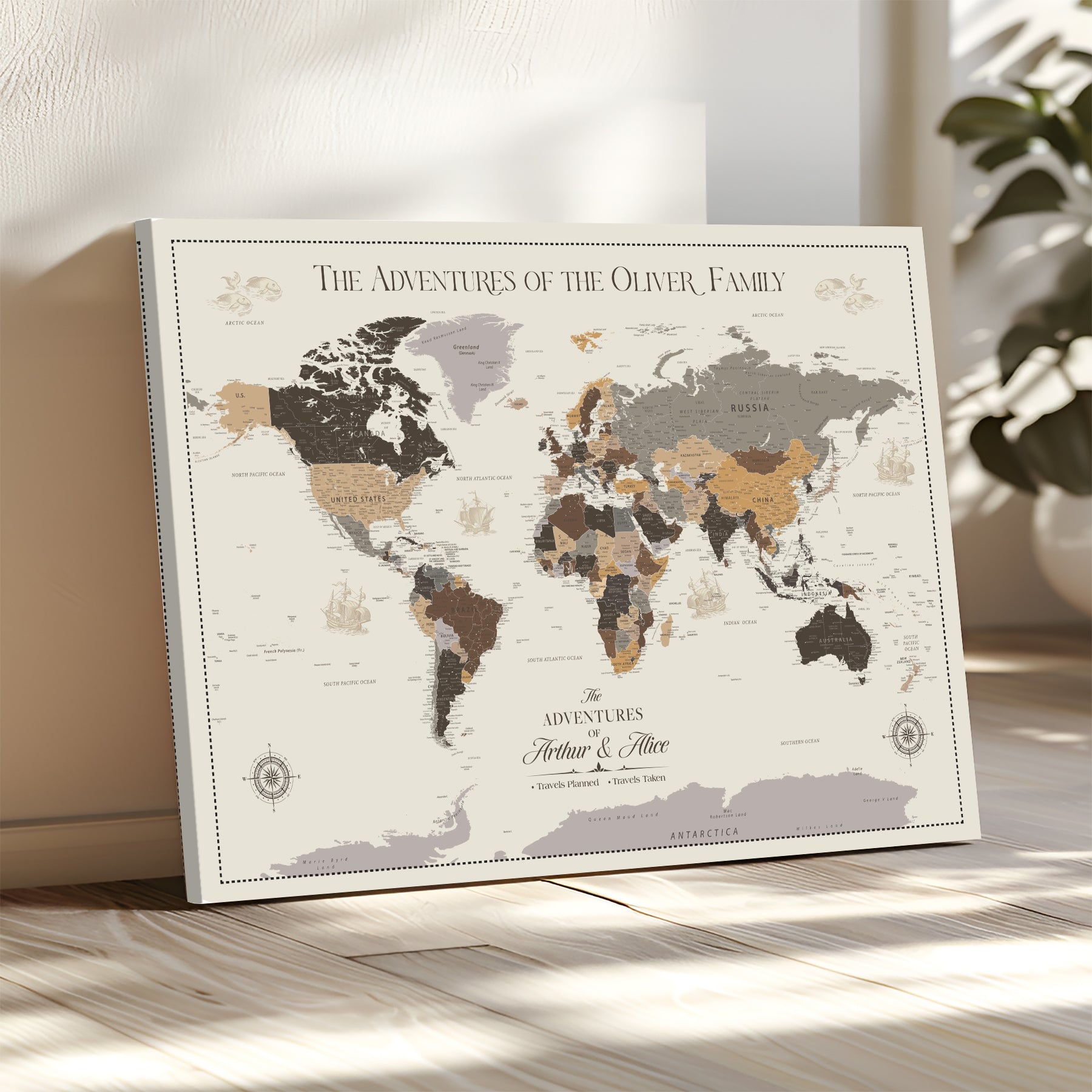 -Personalized Family Adventure World Map Canvas – Custom Framed Push Pin Travel Tracker, Wall Art Gift for Home, Office