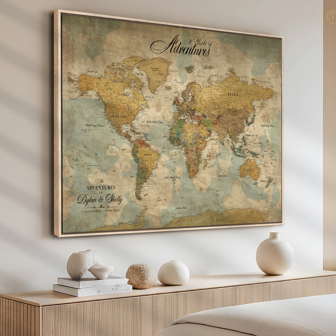 Rehber01-MGV-CV-36X24-Personalized World Map Canvas – Custom Framed Push Pin Travel Map Wall Art, Vintage Style Gift for Couples or Families