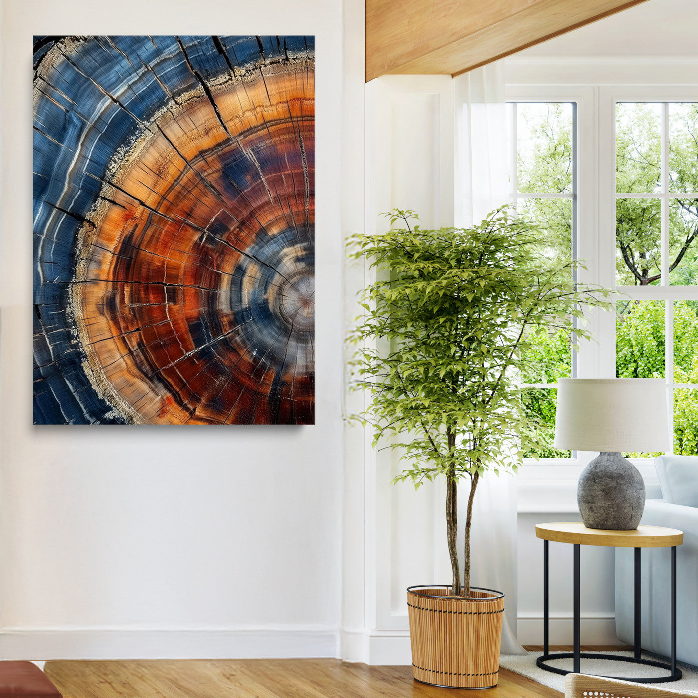 38379387-MGV-CV-36X24-Tree Rings Wall Art Canvas Print – Blue Wood Grain Rustic Texture Natural Earthy Nature Artwork for Home Office