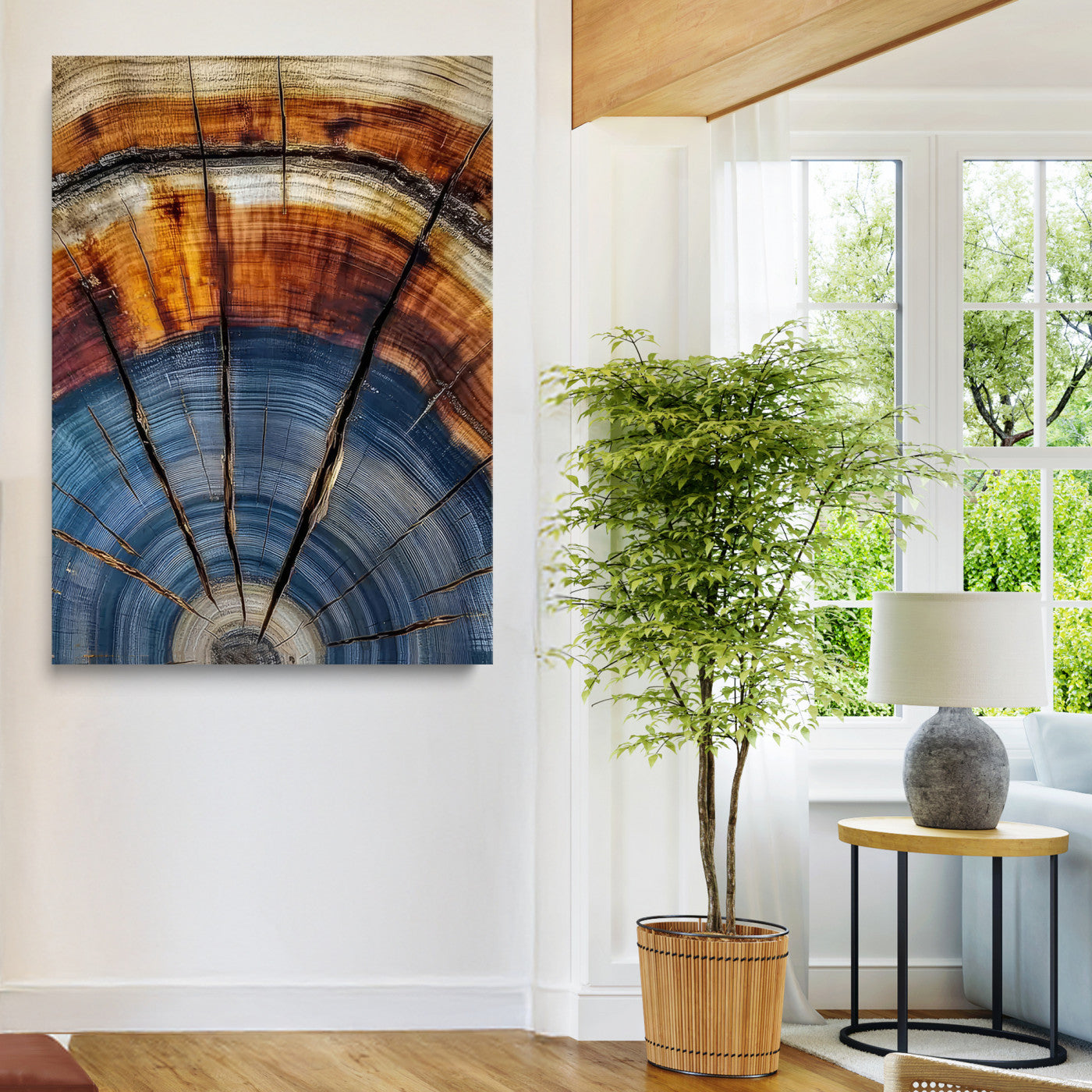 47703729-MGV-CV-36X24-Tree Rings Wall Art Canvas Print – Blue Wood Grain Rustic Natural Earthy Nature Artwork for Home, Office, Living Room