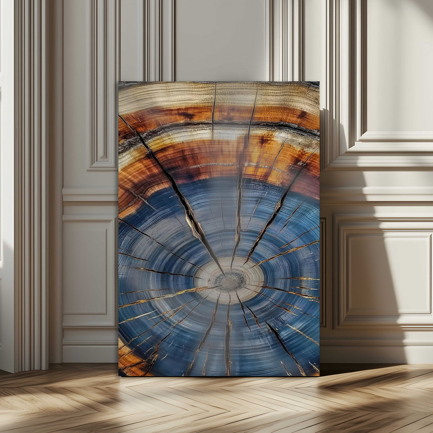58959380-MGV-CV-24X36-Tree Rings Wall Art Canvas Print – Blue Wood Grain Rustic Pattern Natural Texture Artwork for Modern Home Office