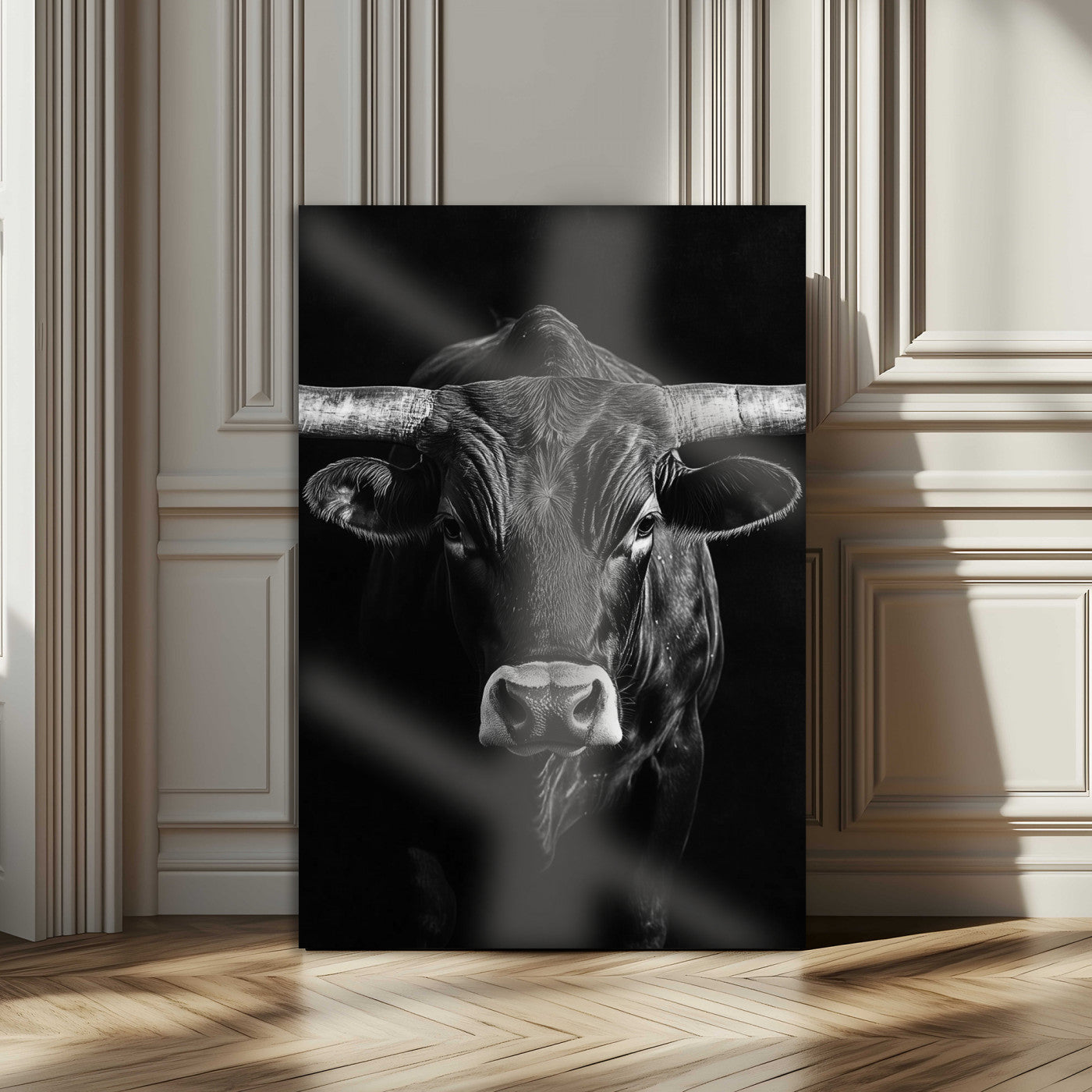 -Texas Longhorn Wall Art Canvas Print, Framed Monochrome Bull Art Picture Print, Horned Bull Perfect Minimalist Western Decor Artwork